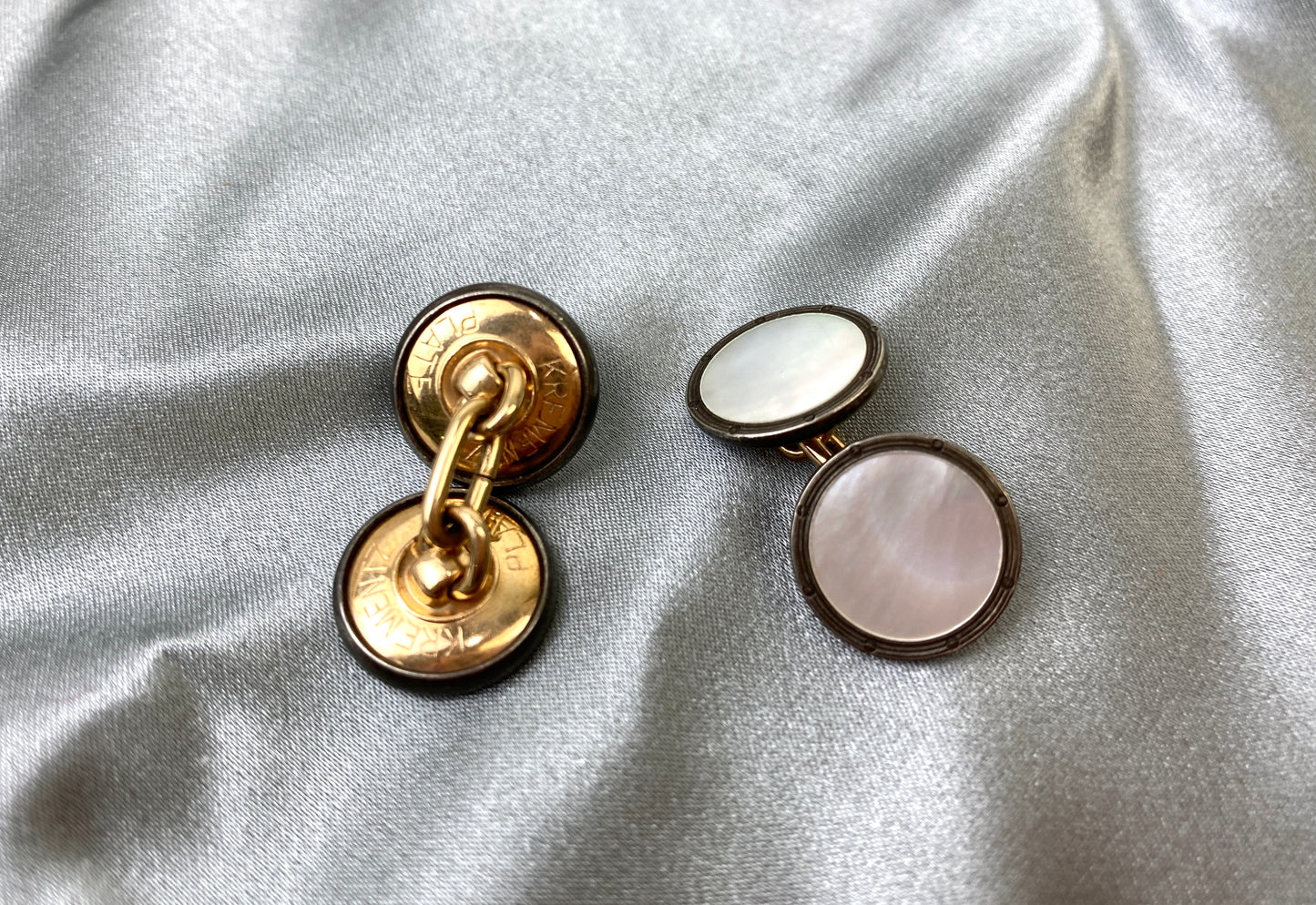 Vintage Edwardian 1910s Men's Round Cufflinks, Double-Sided Silver with Mother of Pearl Inlay, Krementz Gold Plated