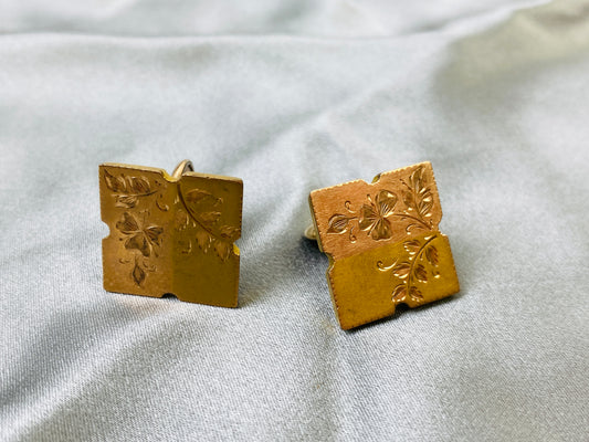 Vintage Victorian Men's Square Cufflinks, Two-Tone Gold with Floral Engraving