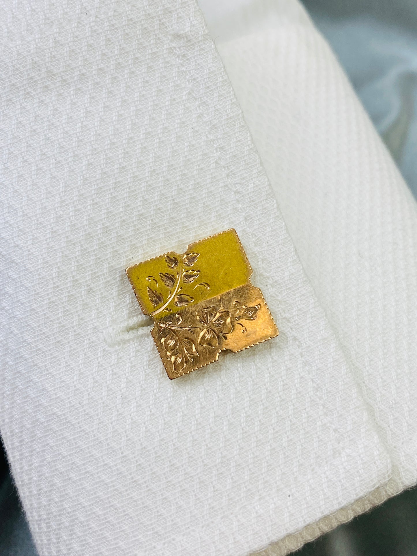 Vintage Victorian Men's Square Cufflinks, Two-Tone Gold with Floral Engraving