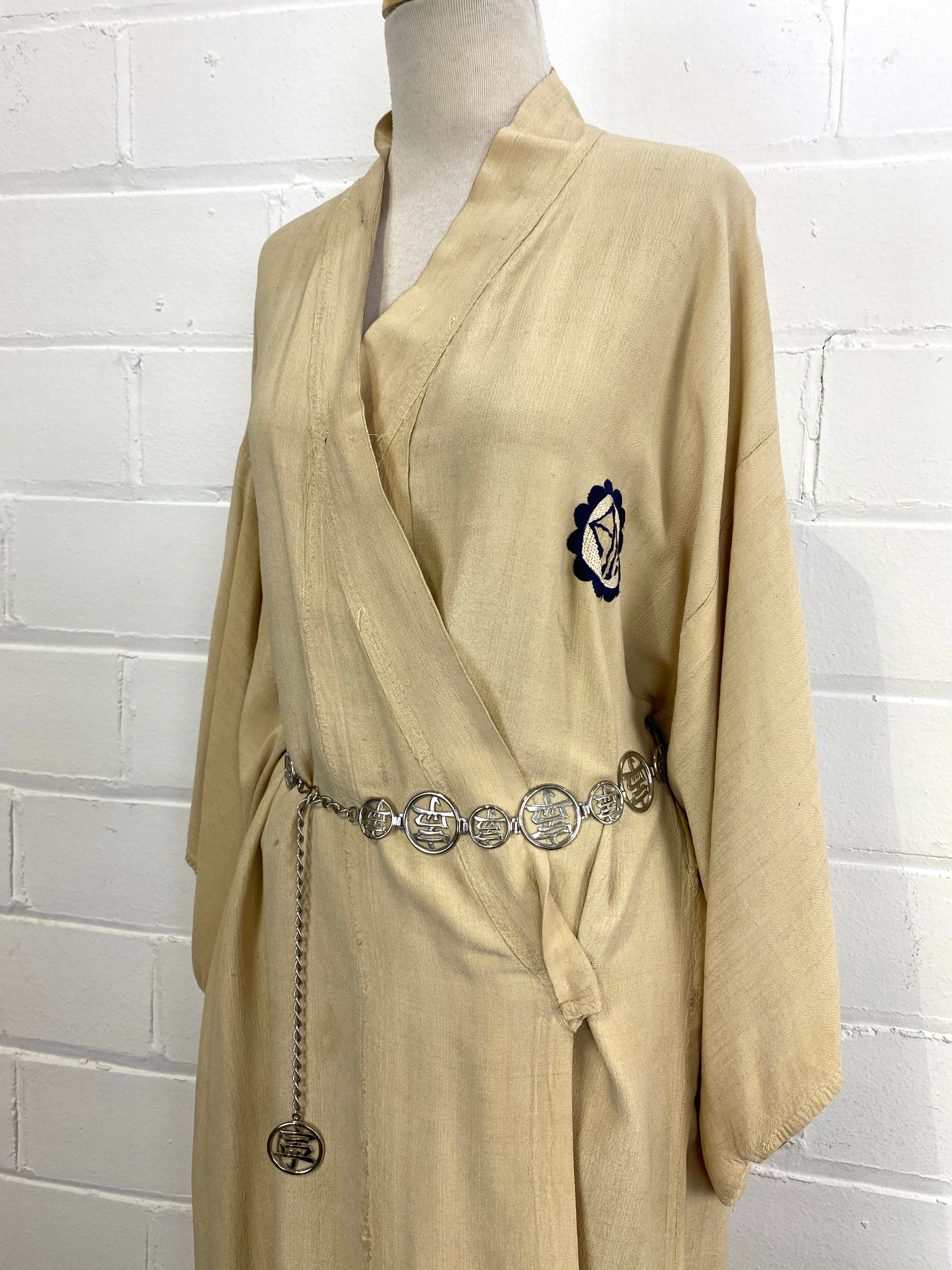 Vintage 1920s Beige Raw Silk Asian Dragon Motif Kimono Robe