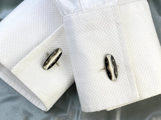 Antique Men's Silver Oval Cufflinks, Black & White Inlay, Curved Bar & Bean Back
