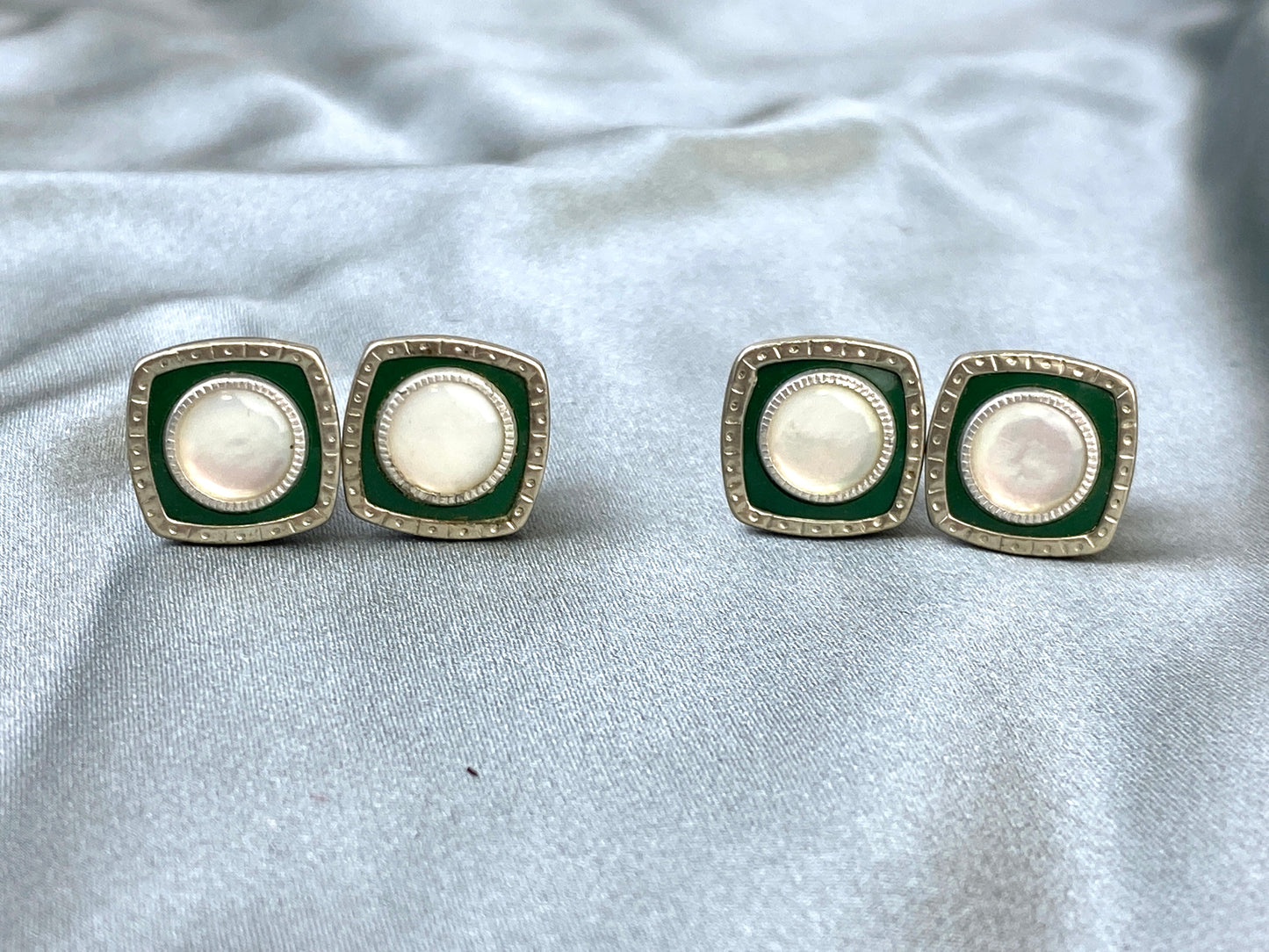Vintage 1920s Art Deco Silver Square Cufflinks, Green Celluloid & Mother of Pearl, Snap Link
