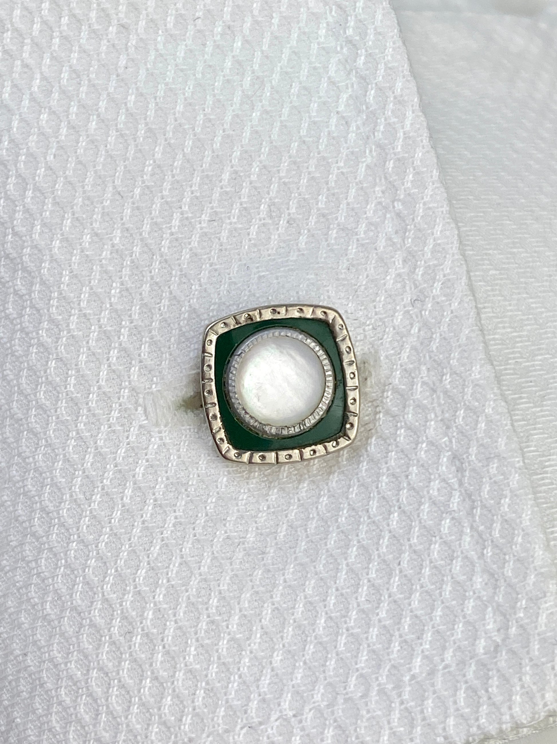 Vintage 1920s Art Deco Silver Square Cufflinks, Green Celluloid & Mother of Pearl, Snap Link