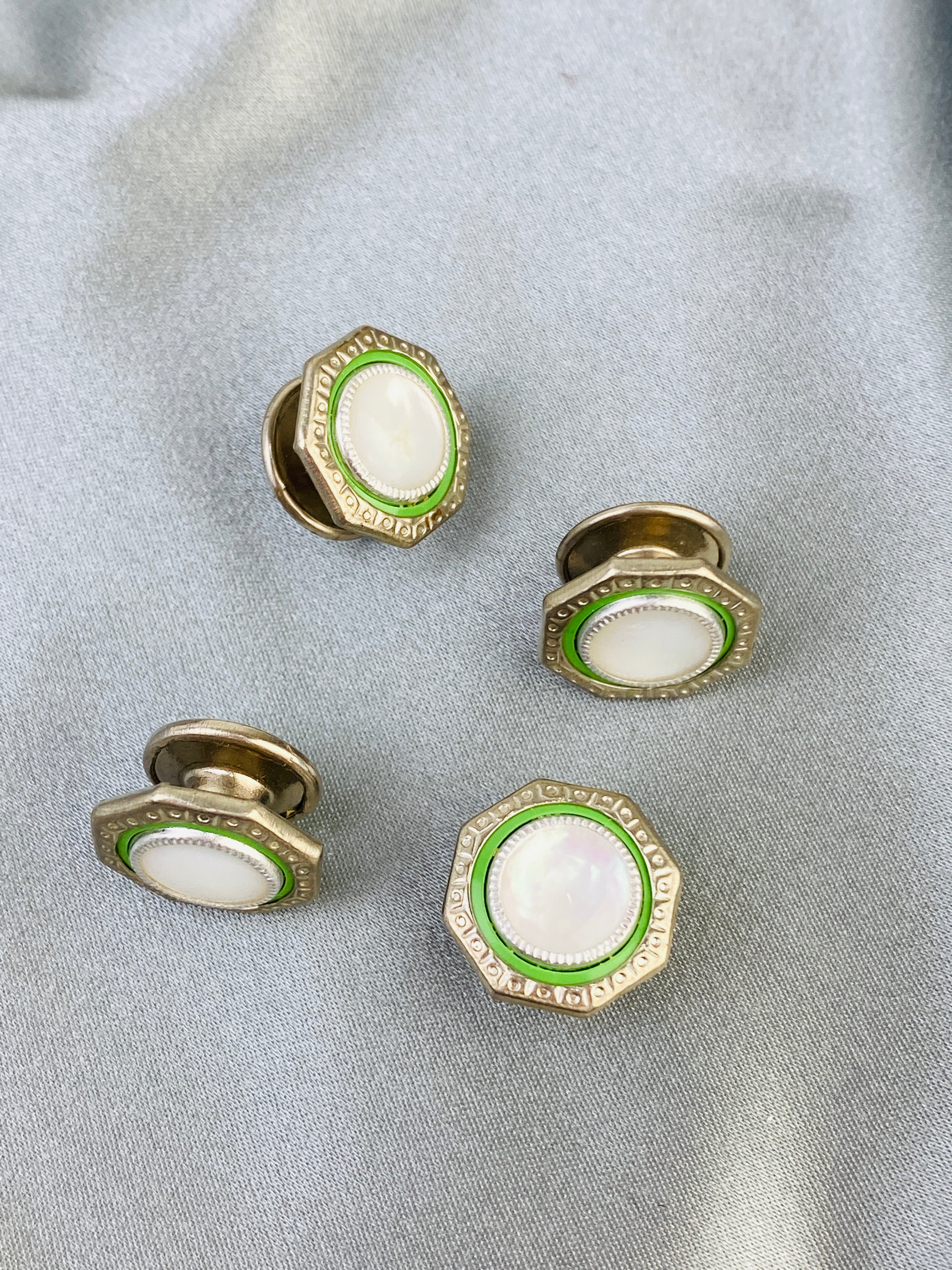 Vintage 1920s Art Deco Silver Octagonal Cufflinks, Green Celluloid & Mother  of Pearl, Snap Link