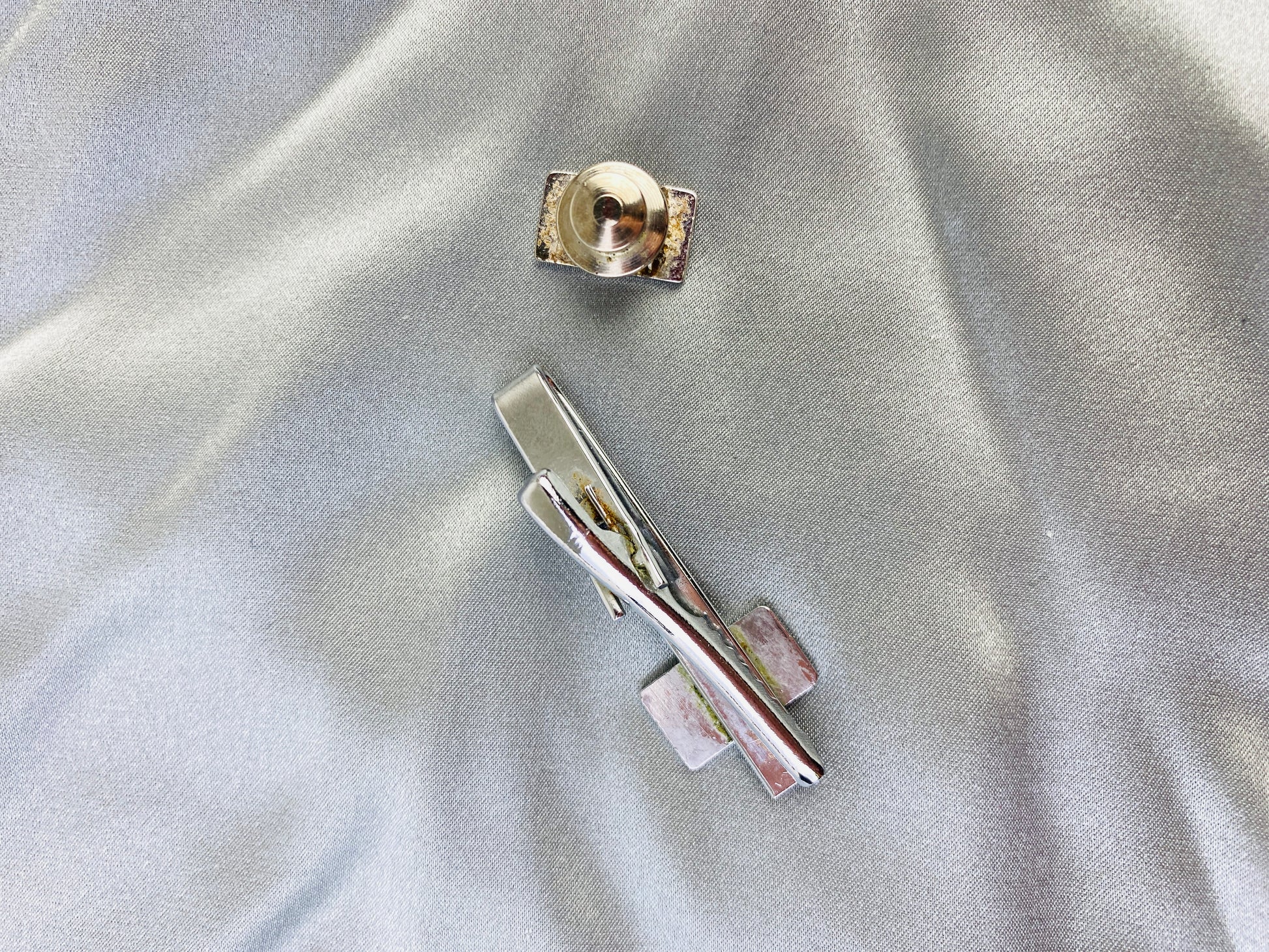 Vintage Rolls Royce Silver Metal Lapel Pin and Blue Tie Bar, 2 Piece
