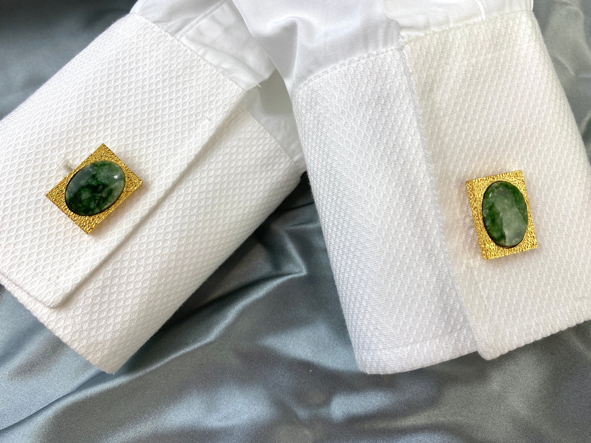 Vintage Christian Dior Rectangular Cufflinks & Tie Tack Set, Gold with Green Oval Jade