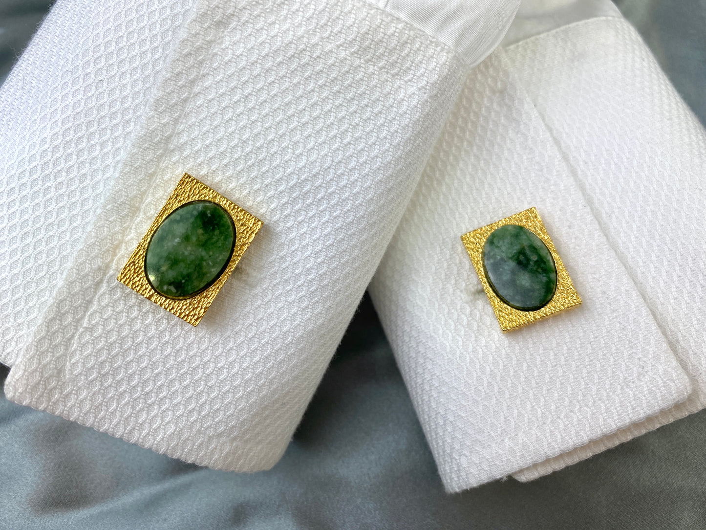 Vintage Christian Dior Rectangular Cufflinks & Tie Tack Set, Gold with Green Oval Jade