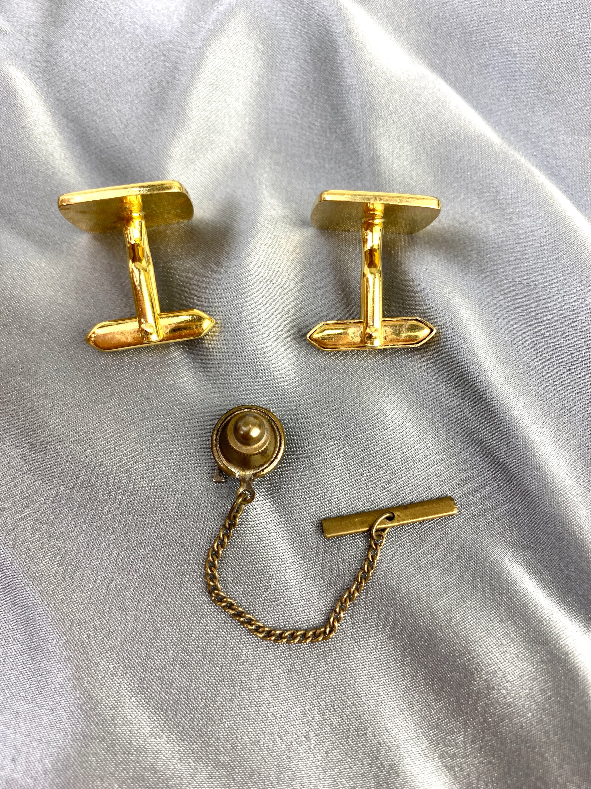 Gold & Red Cufflinks Vintage, Red Stone Tie Pin & Tie Clip