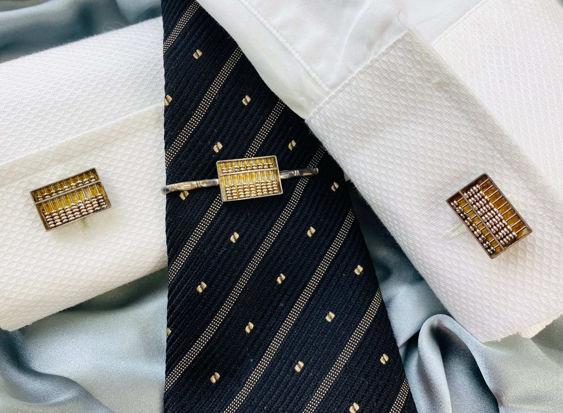 Vintage Working Abacus Silver Cufflinks and Tie Bar