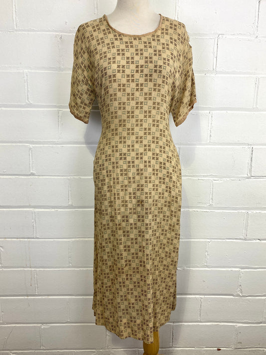Vintage 1920s Short Sleeve Art Deco Print Silk Day Dress, As-Is 