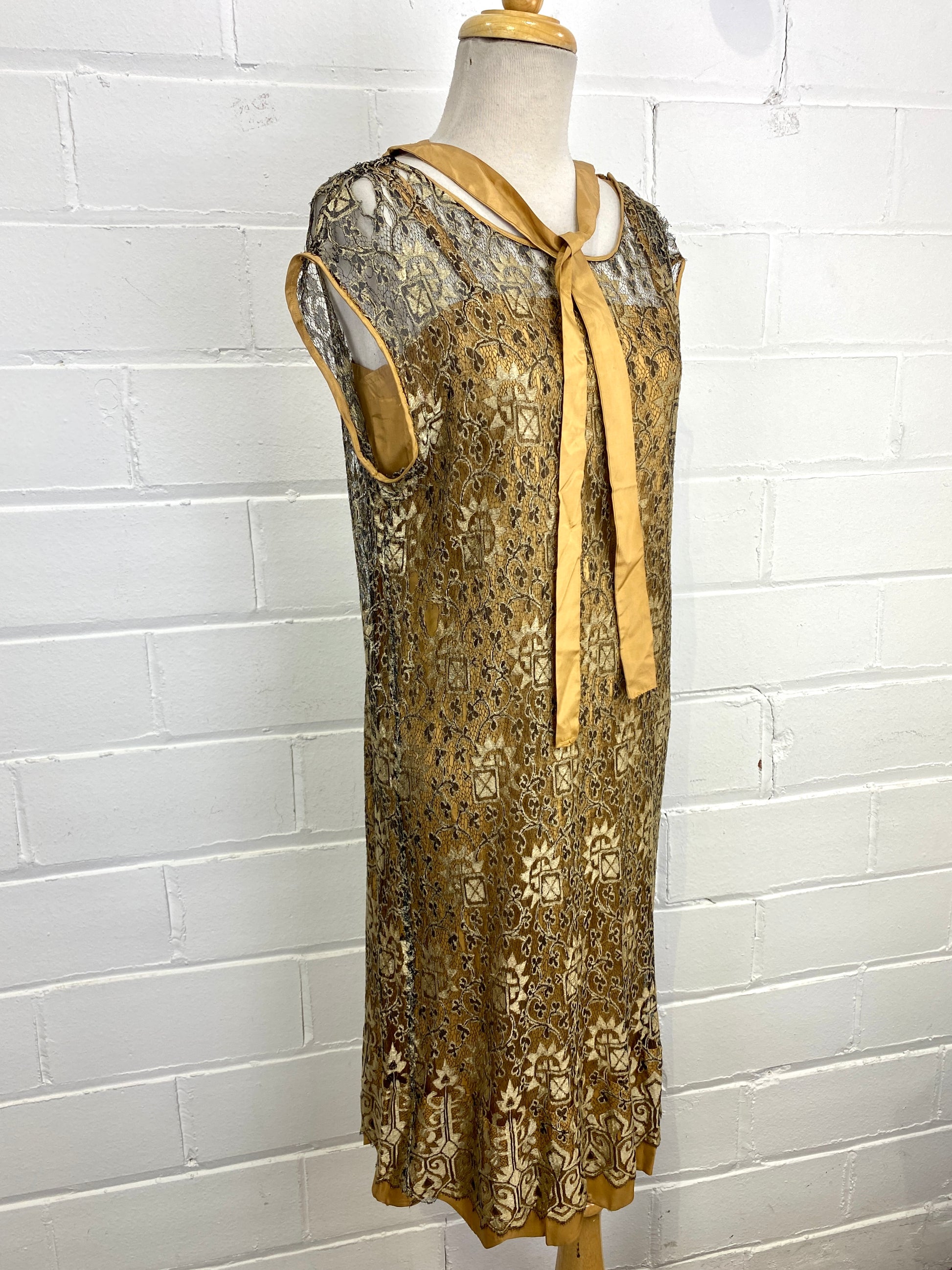 Vintage 1920s Gold Lace Cocktail Flapper Dress, As-Is