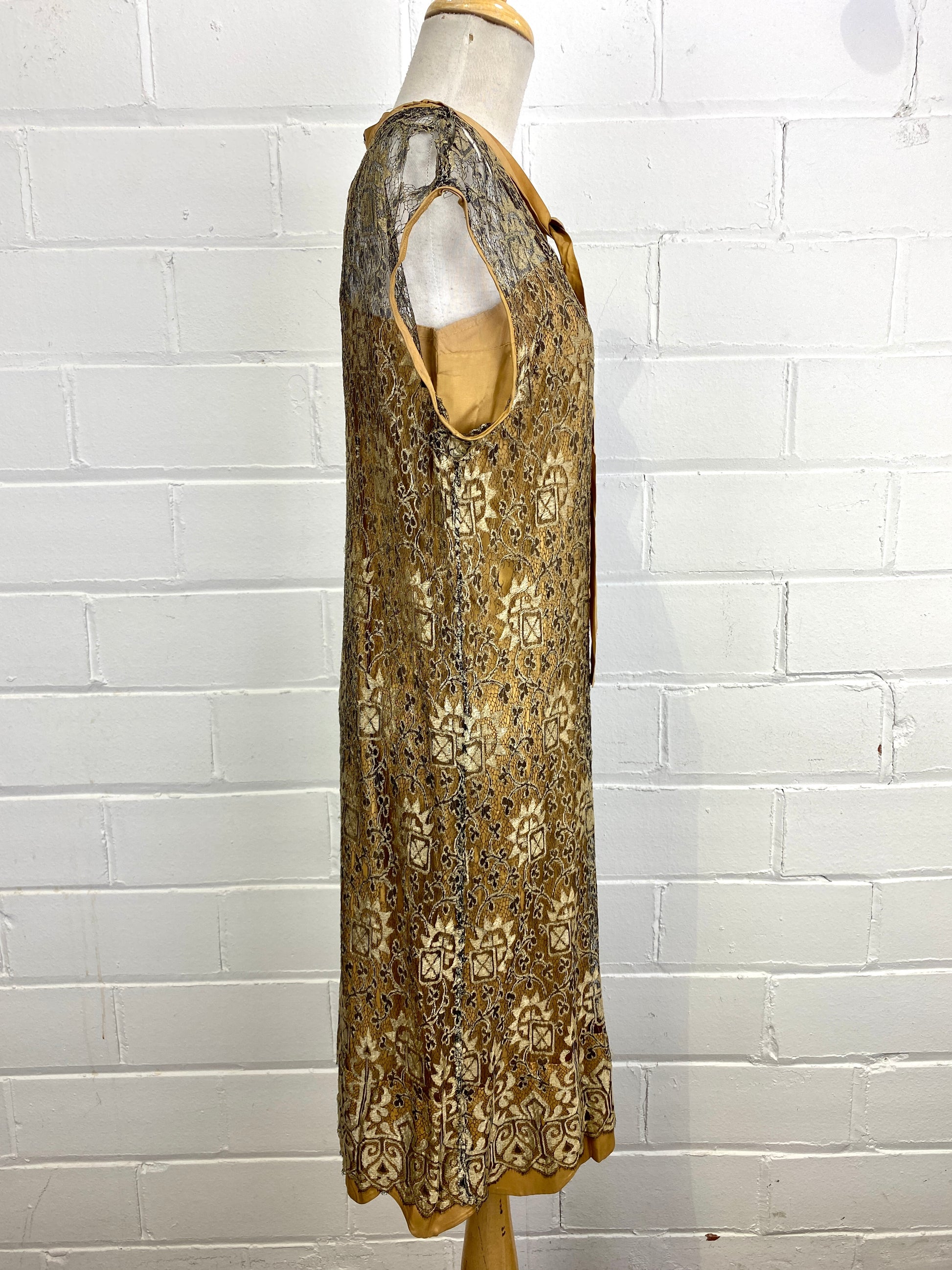 Vintage 1920s Gold Lace Cocktail Flapper Dress, As-Is