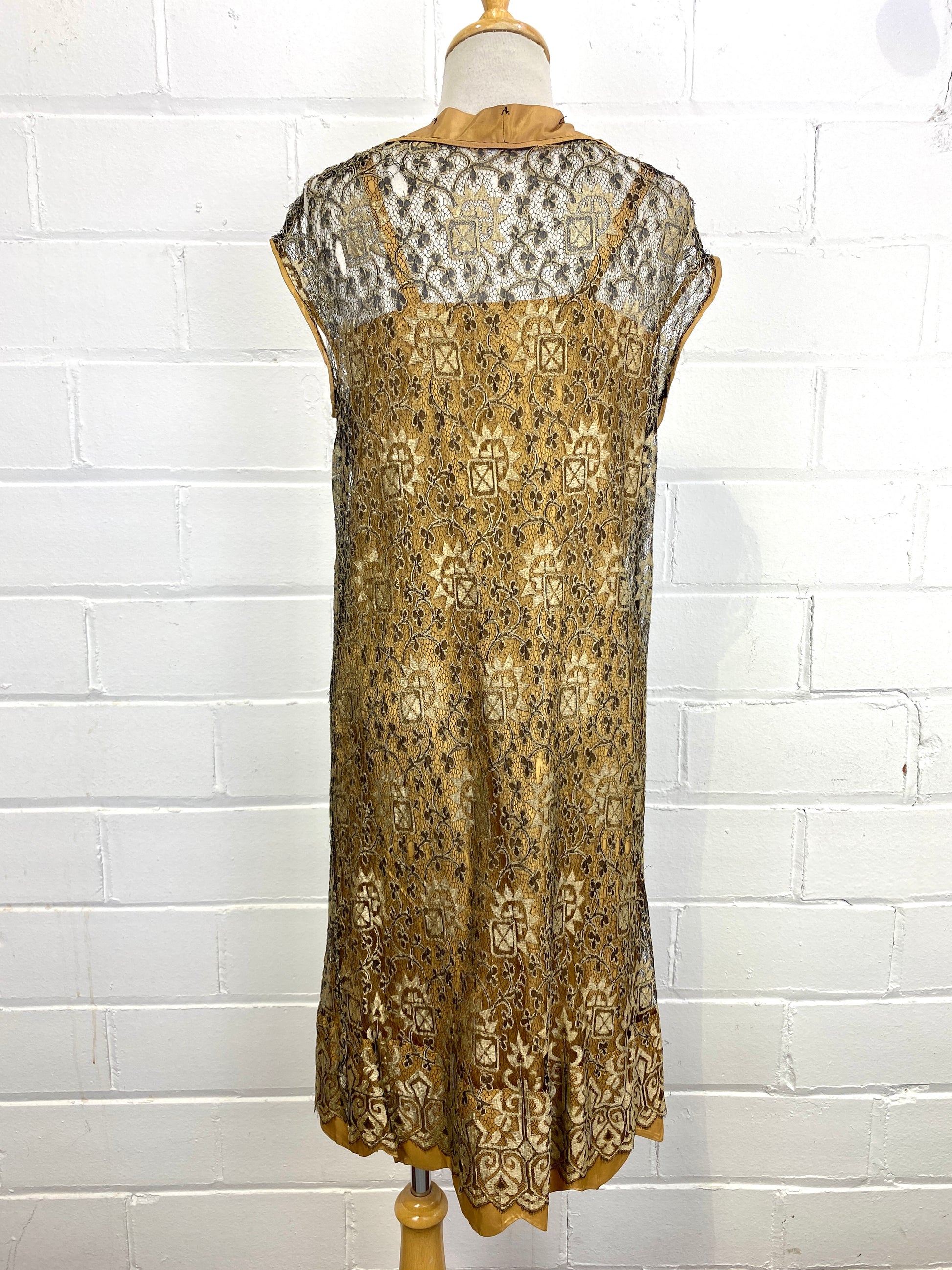 Vintage 1920s Gold Lace Cocktail Flapper Dress, Medium