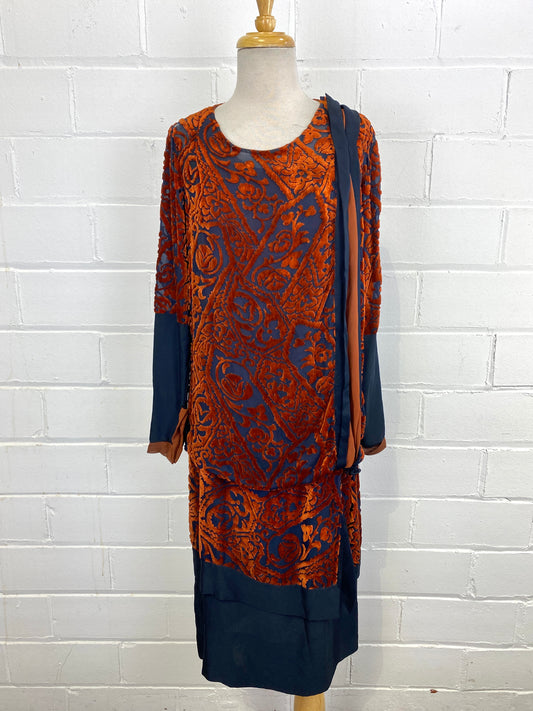 Vintage 1920s Copper & Navy Long Sleeve Devoré Dress, Distressed