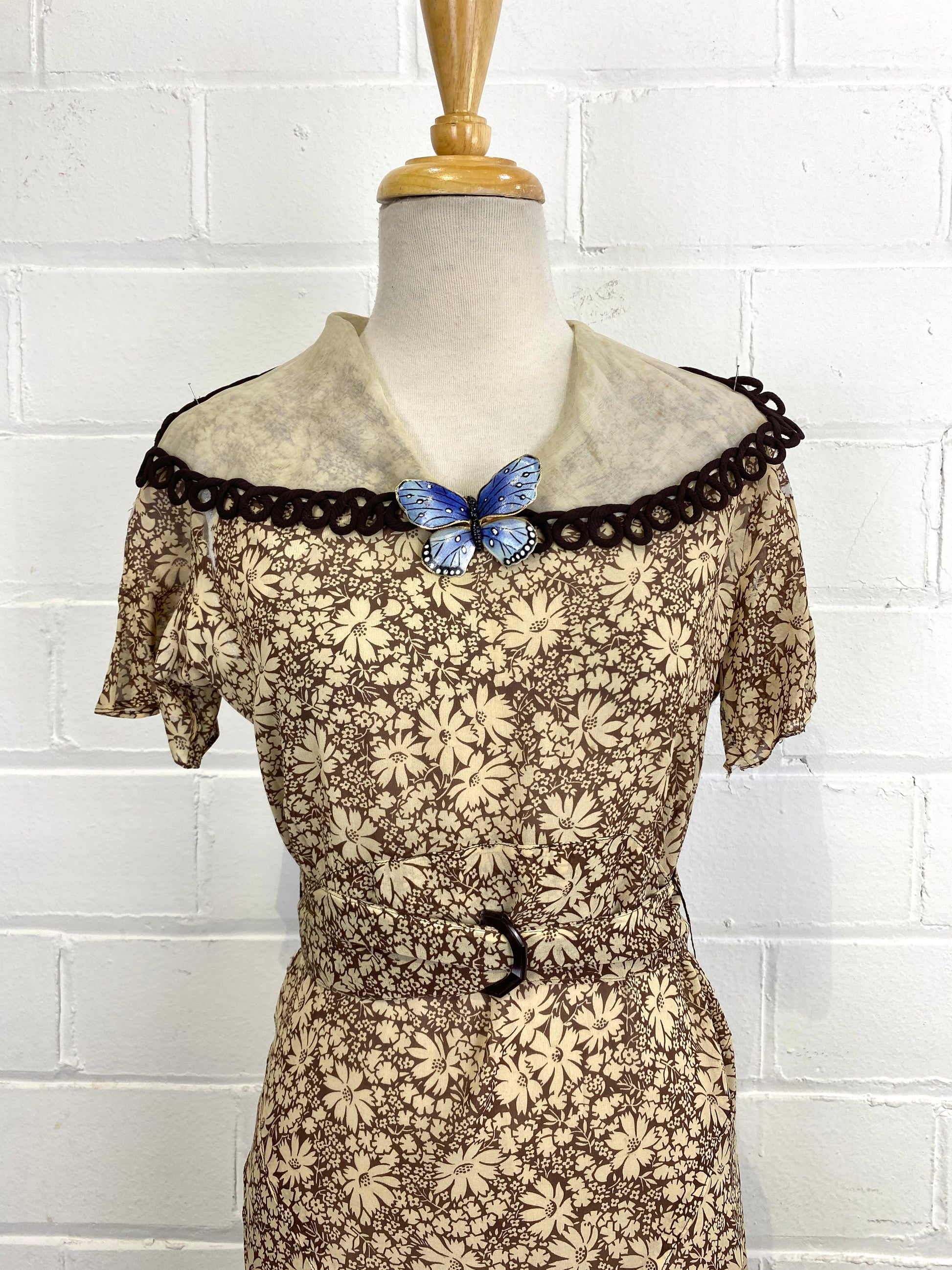 Vintage 1930s Floral Silk 2-Piece Dress & Jacket Set with Belt, Distressed