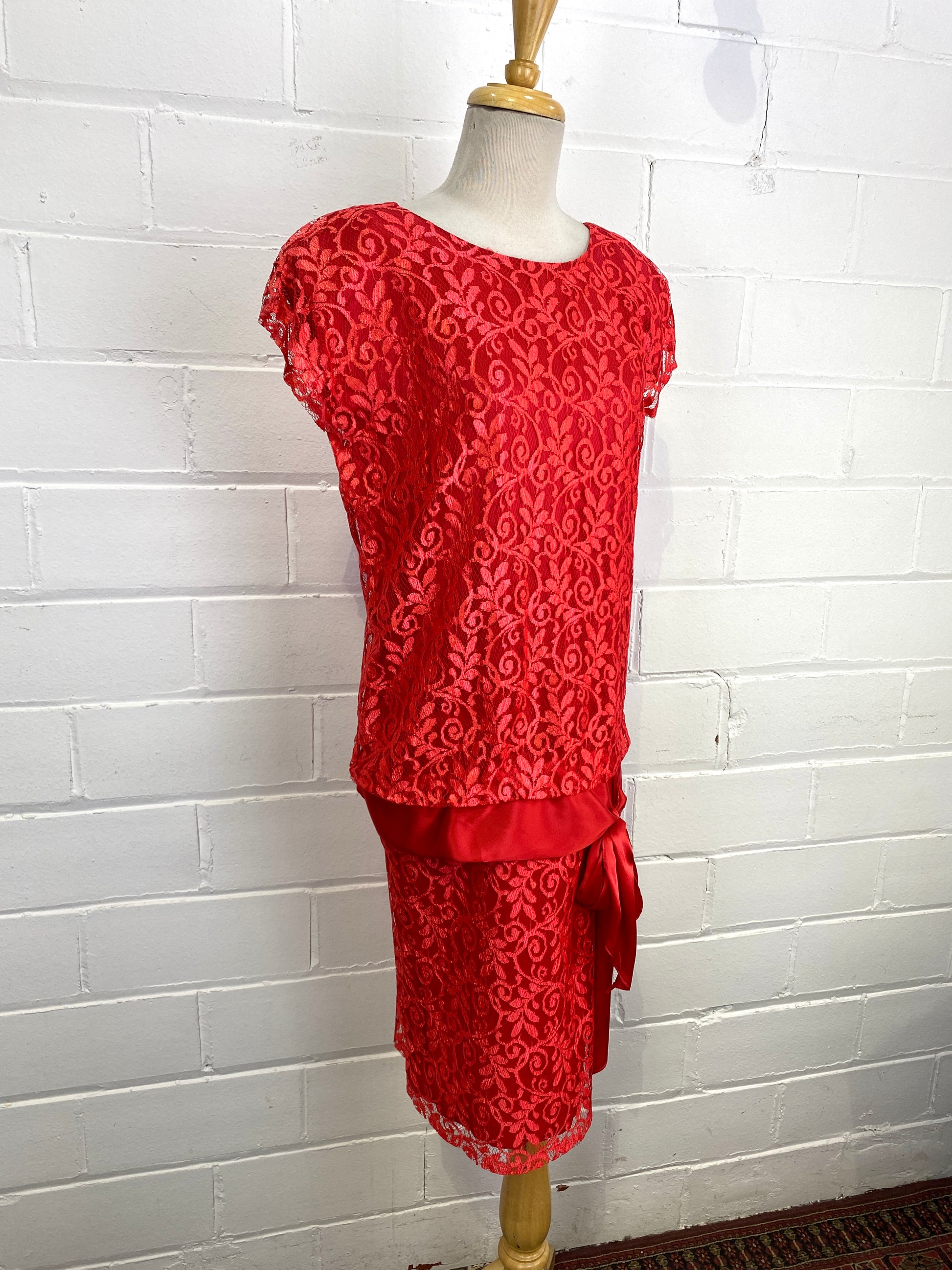 Vintage 80s does 20s Red Lace Dropwaist Dress with Bow, Medium 