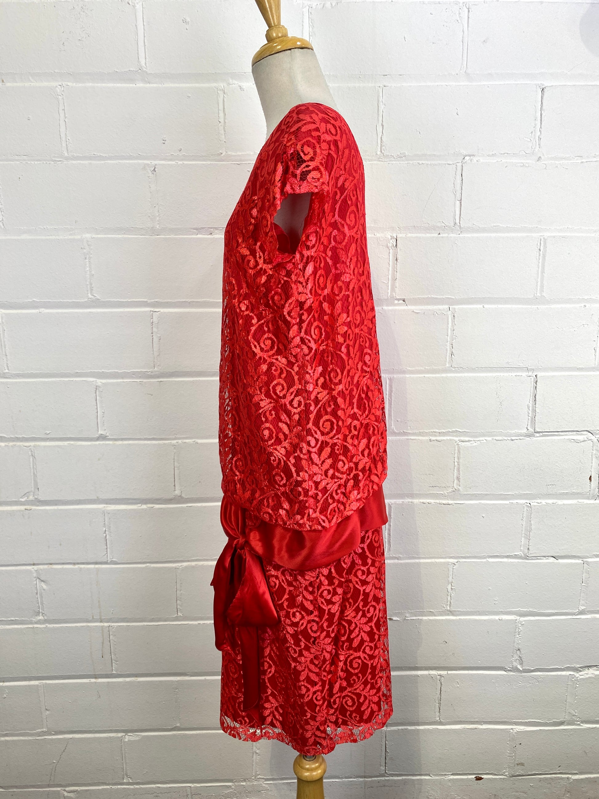 Vintage 80s does 20s Red Lace Dropwaist Dress with Bow, Medium 