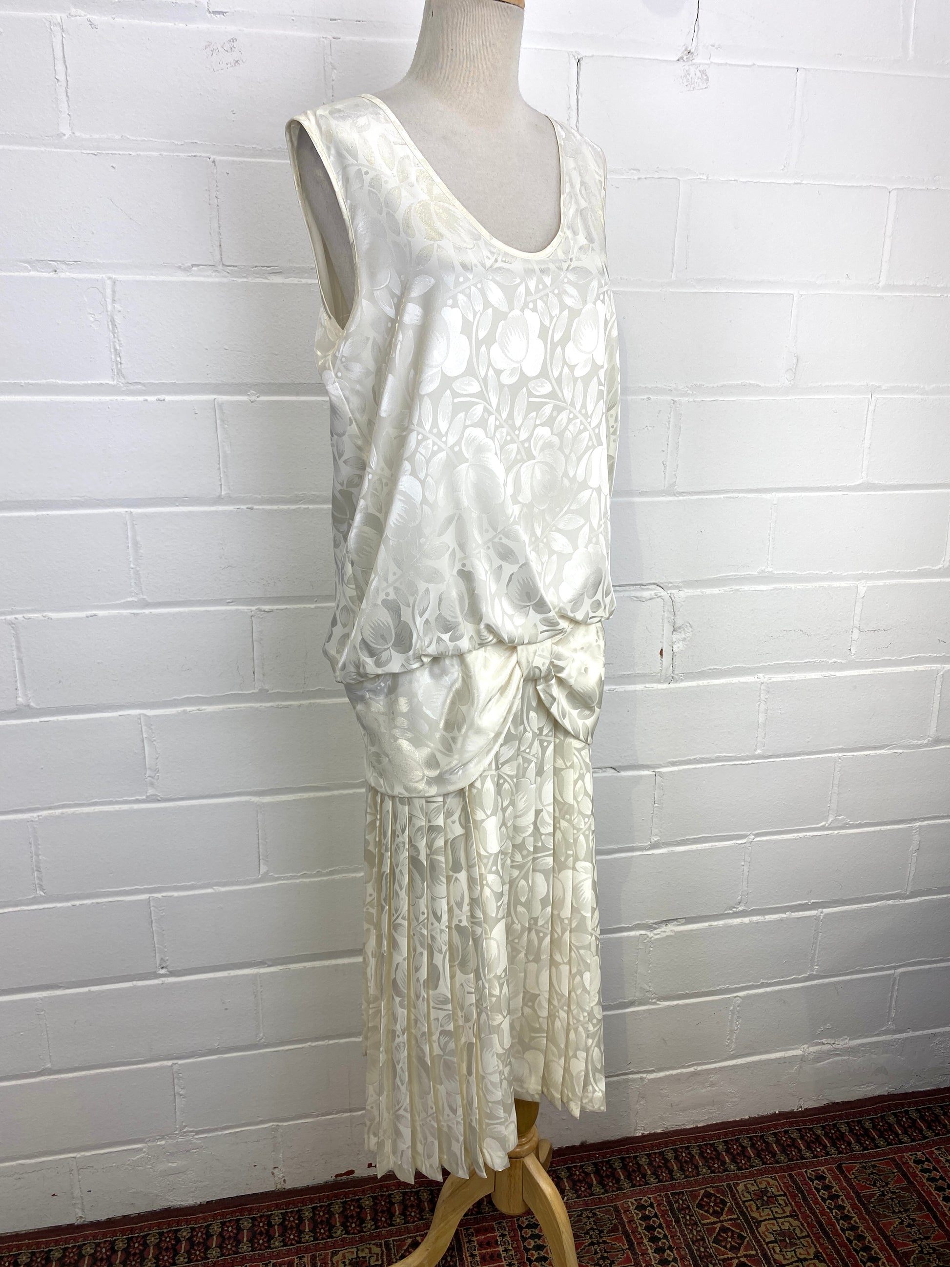 Vintage 80s does 20s Ivory Floral Satin Dress with Bow, Medium 