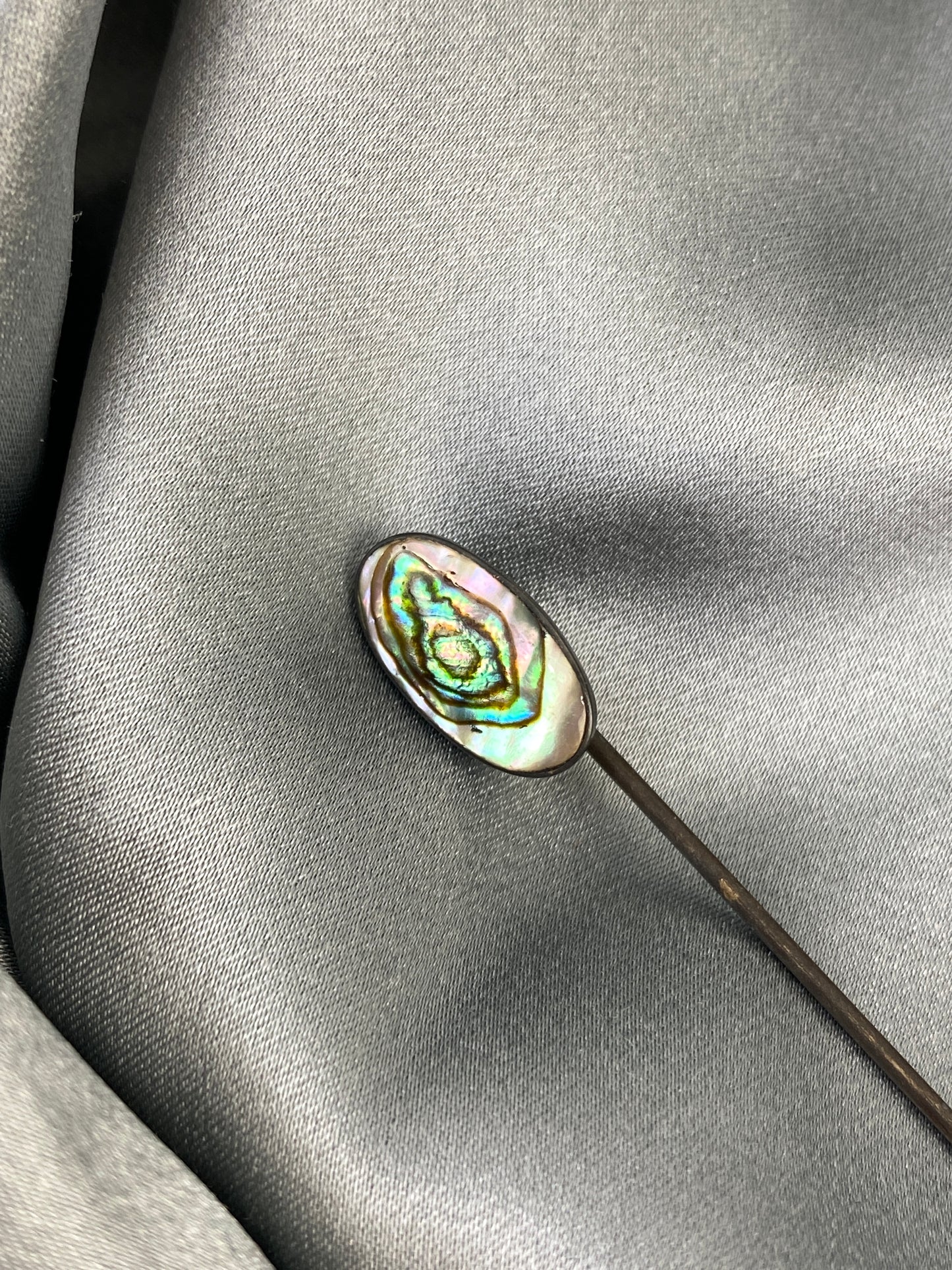 Antique 1910s Oval Shape Abalone Shell Silver Hat Pin