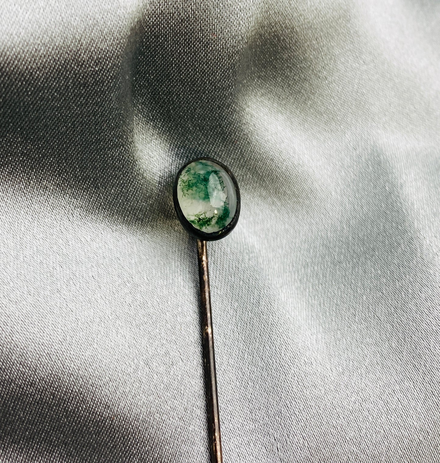 Antique 1910s Small Oval Clear Green-Speckled Glass Hat Pin
