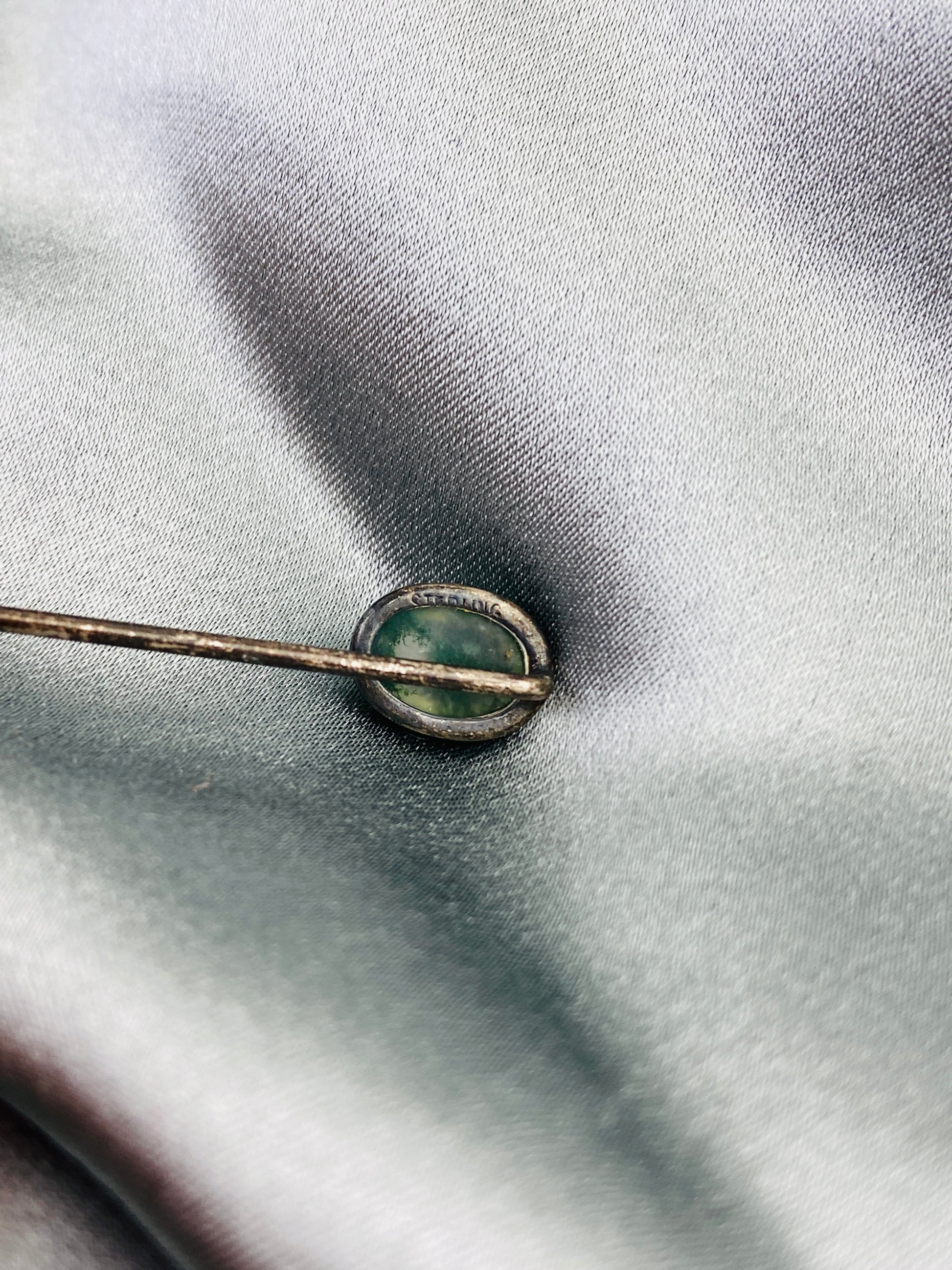 Antique 1910s Small Oval Clear Green-Speckled Glass Hat Pin