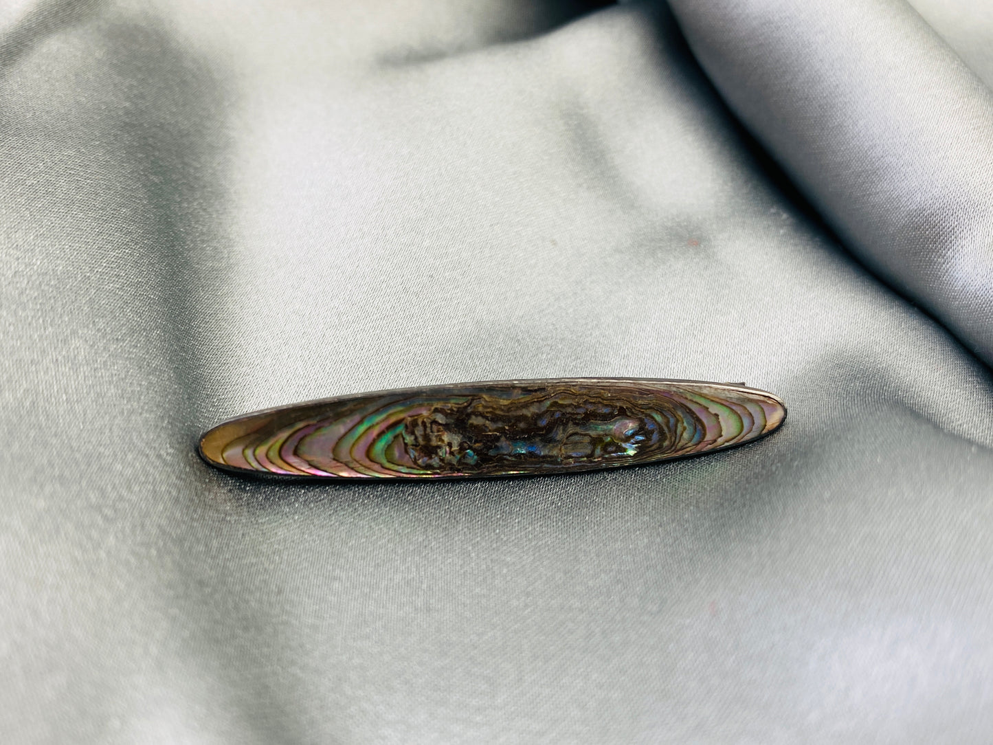 Antique 1910s Oblong Abalone Shell Silver Brooch Pin