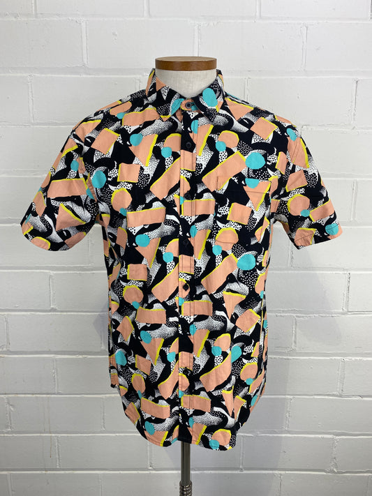 80s-Style Men's Graphic Button-Up Shirt, Large