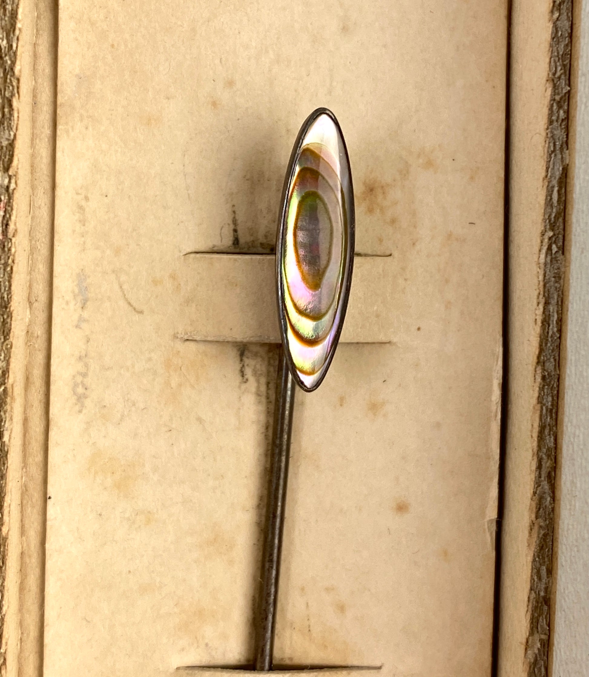 Antique 1910s Oblong Abalone Shell Silver Hat Pin