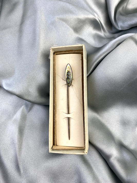 Antique 1910s Marquise-Cut Abalone Shell Silver Hat Pin