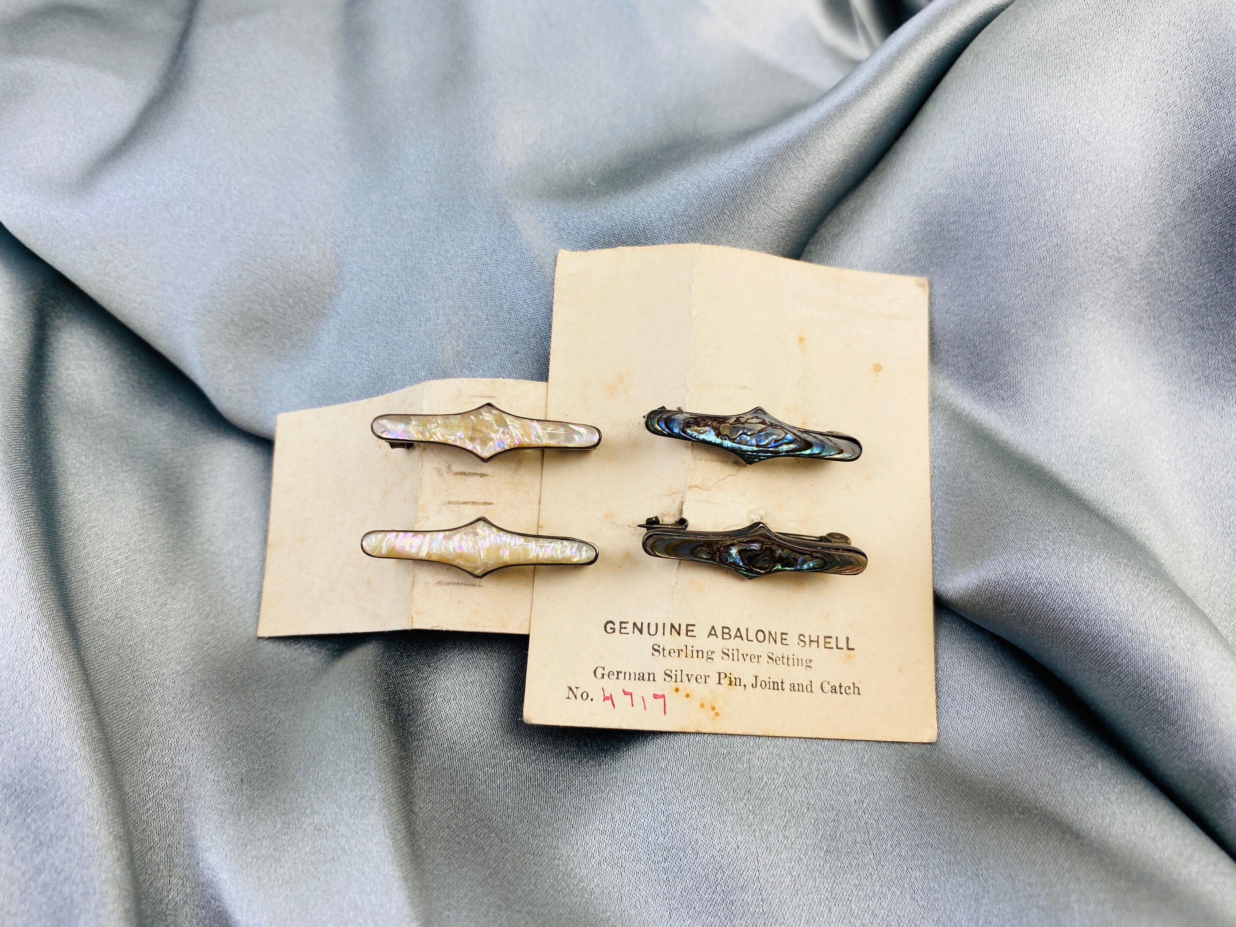 Vintage Silver Art Nouveau Cartouche Abalone Shell Lingerie Pins NOS