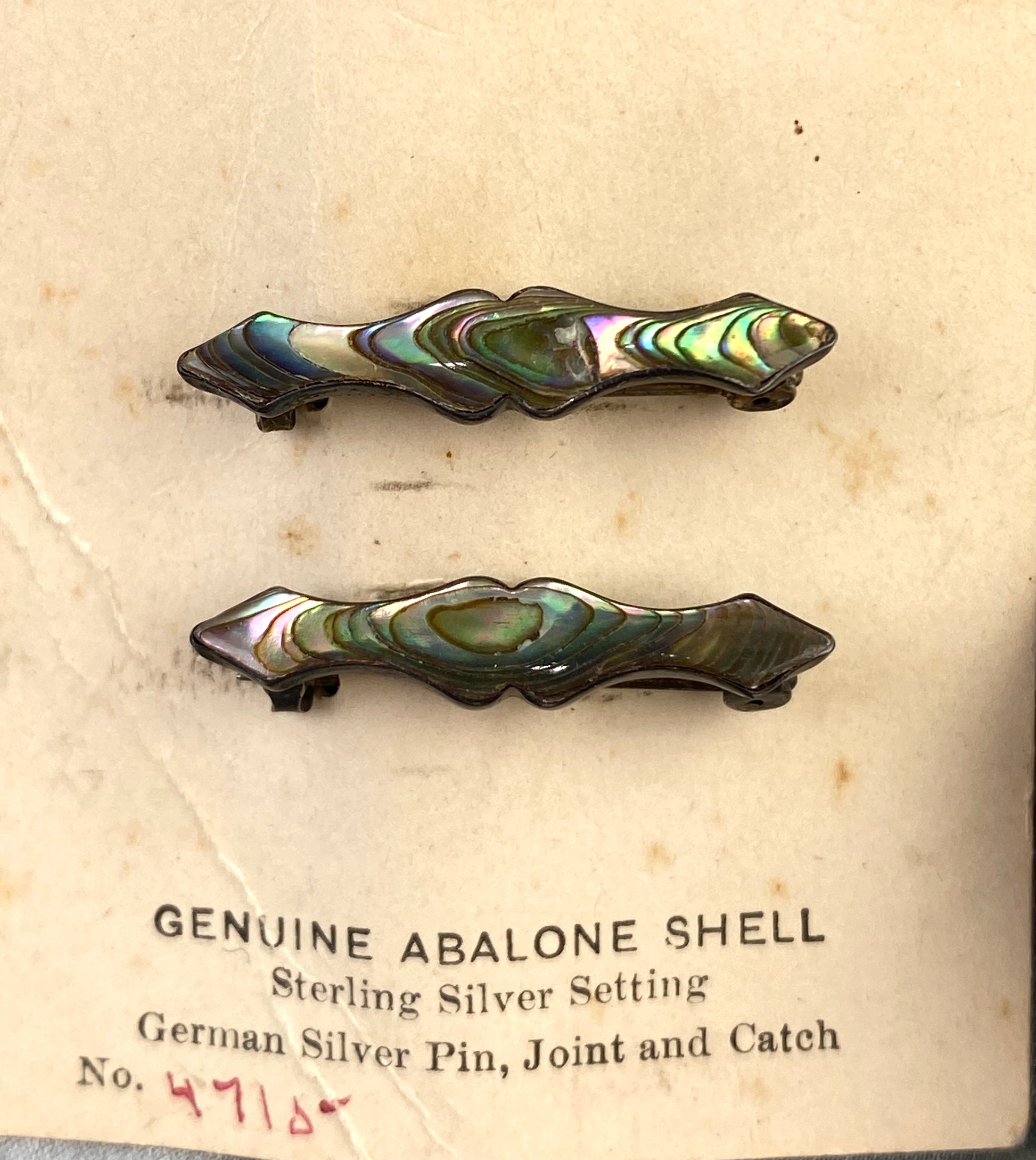 Vintage Art Nouveau Silver Cartouche Abalone Shell Lingerie Pins, NOS