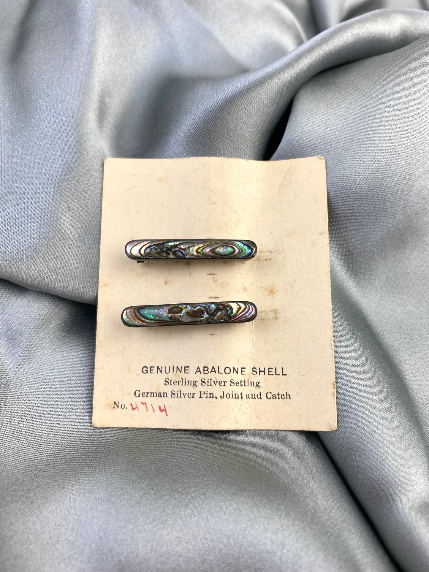 Antique 1910s Silver Oblong Abalone Shell Lingerie Pins, NOS