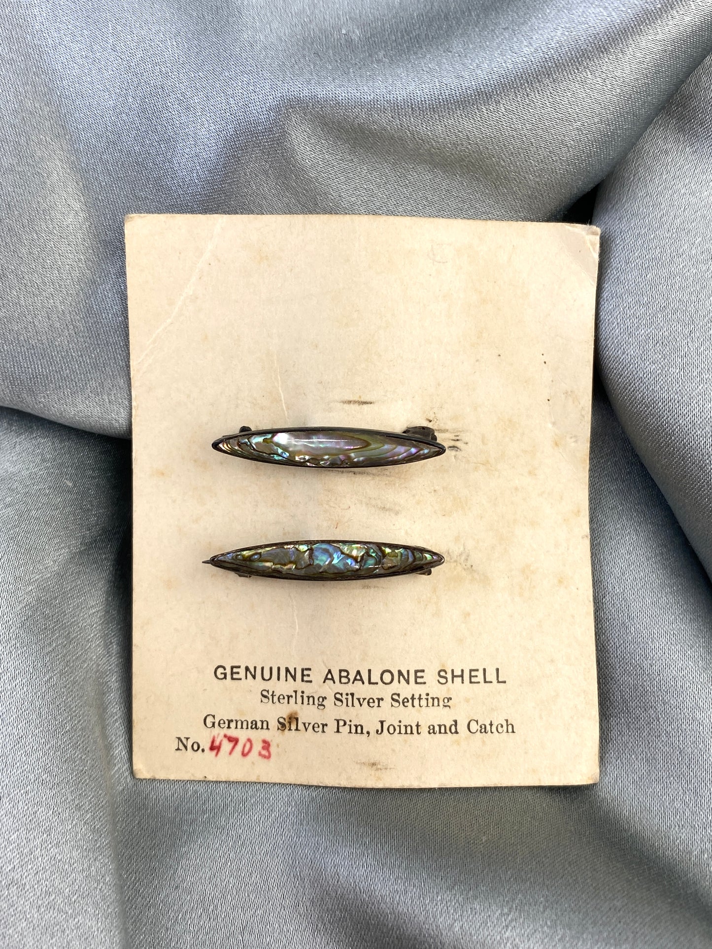 Antique 1910s Silver Elongated Abalone Shell Lingerie Pins, NOS