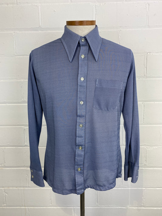 Vintage 70s Men's Blue Poly-Knit Button-Up Shirt