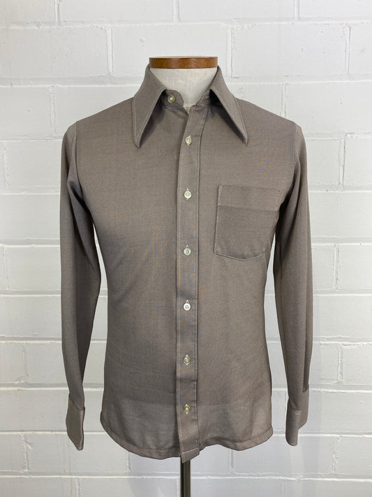 Vintage 70s Men's Brown Poly-Knit Button-Up Shirt