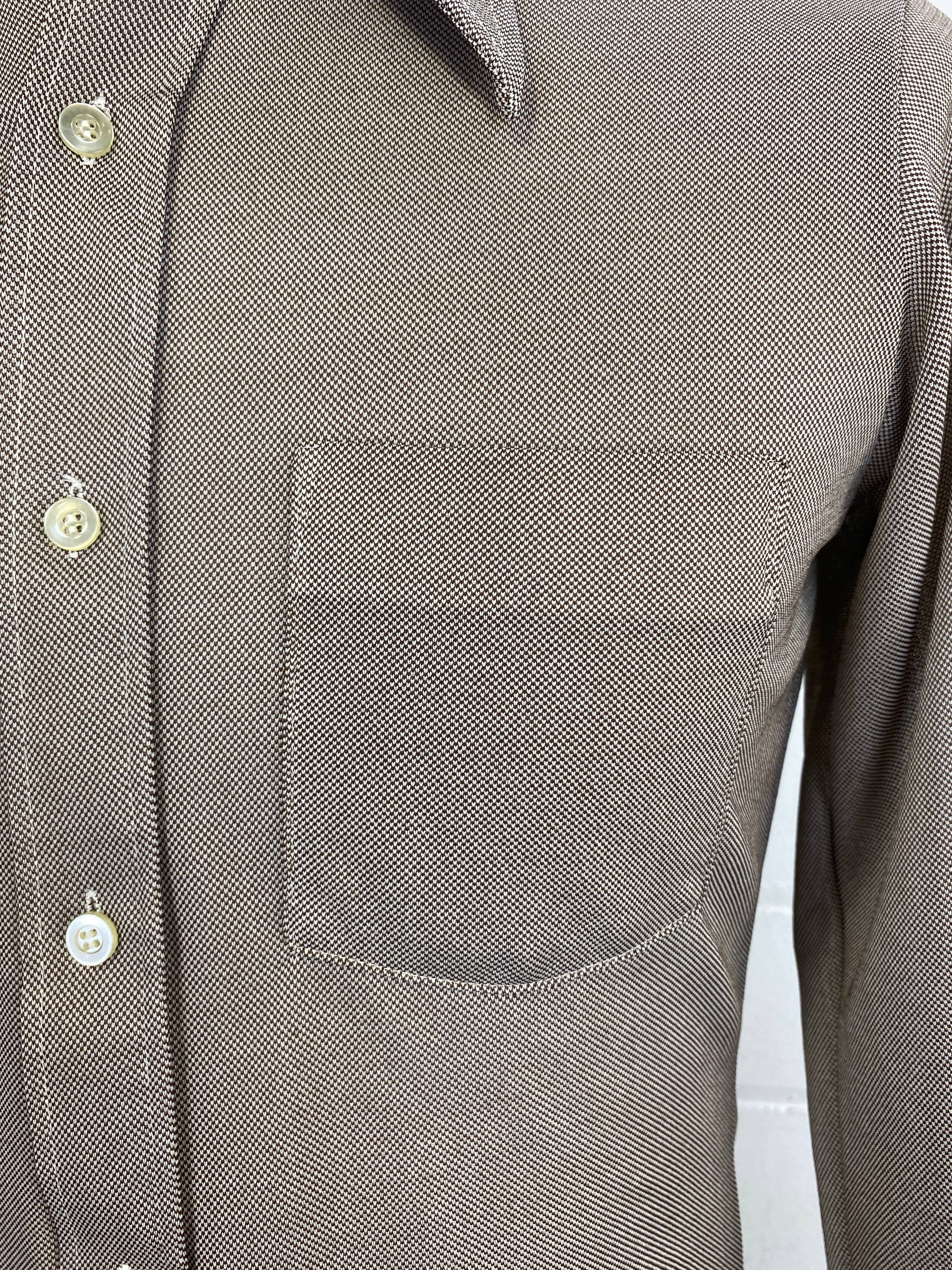 Vintage 70s Men's Brown Poly-Knit Button-Up Shirt, Doubles – Ian