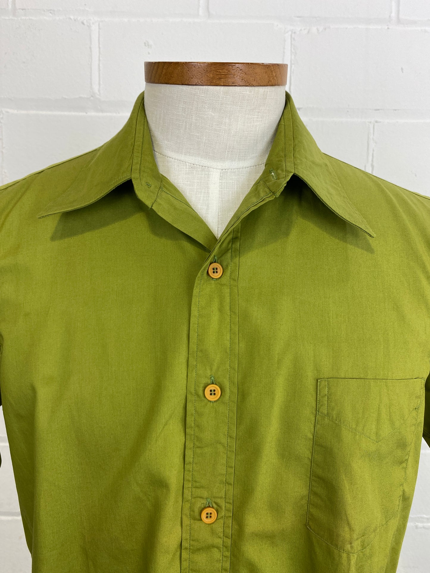 Vintage 70s Men's Short Sleeve Green Cotton Button-Up Shirt, Doubles