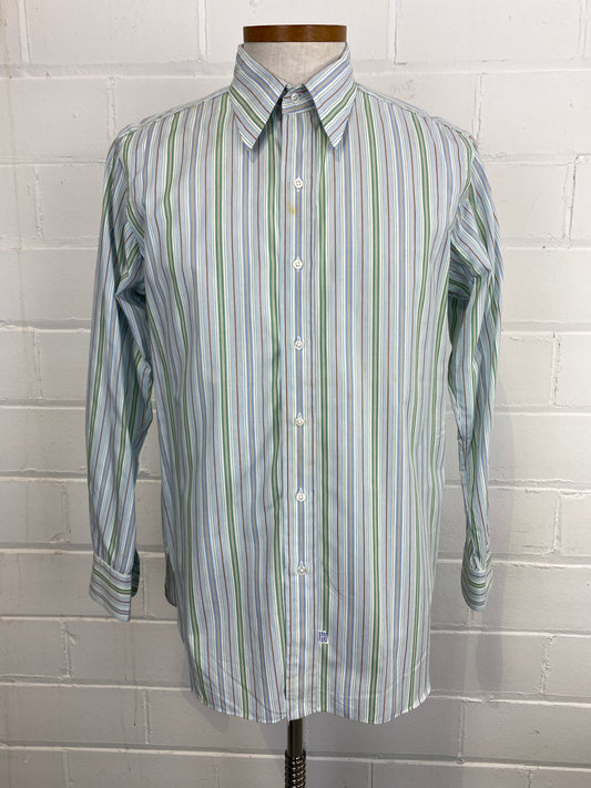 Vintage 70s Men's Green & Blue Stripe Long Sleeve Button-Up Cotton Shirt, Polo by Ralph Lauren 
