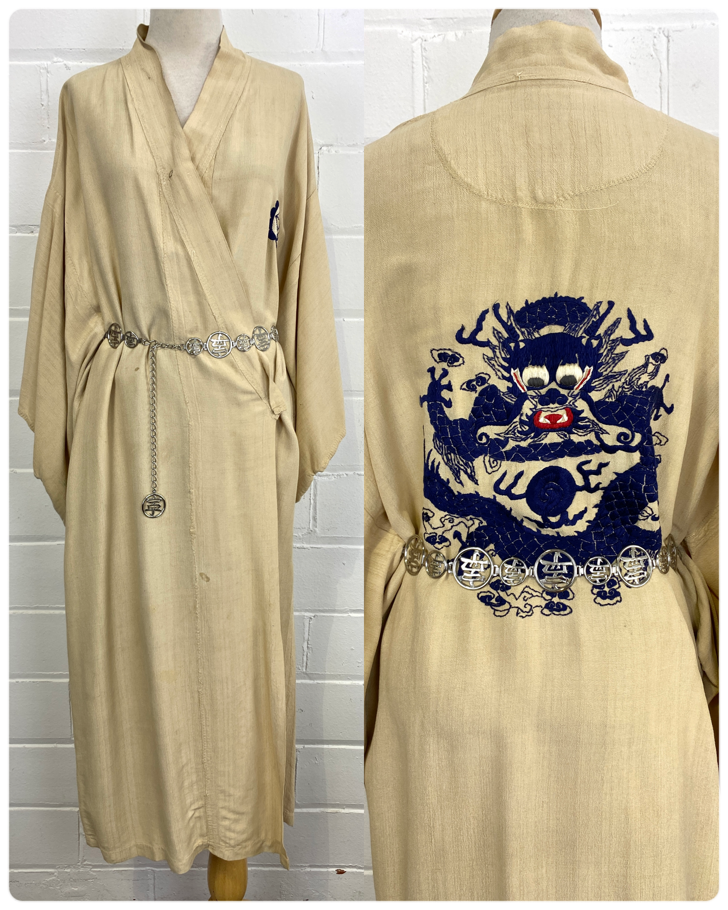 Vintage 1920s Beige Raw Silk Asian Dragon Motif Kimono Robe