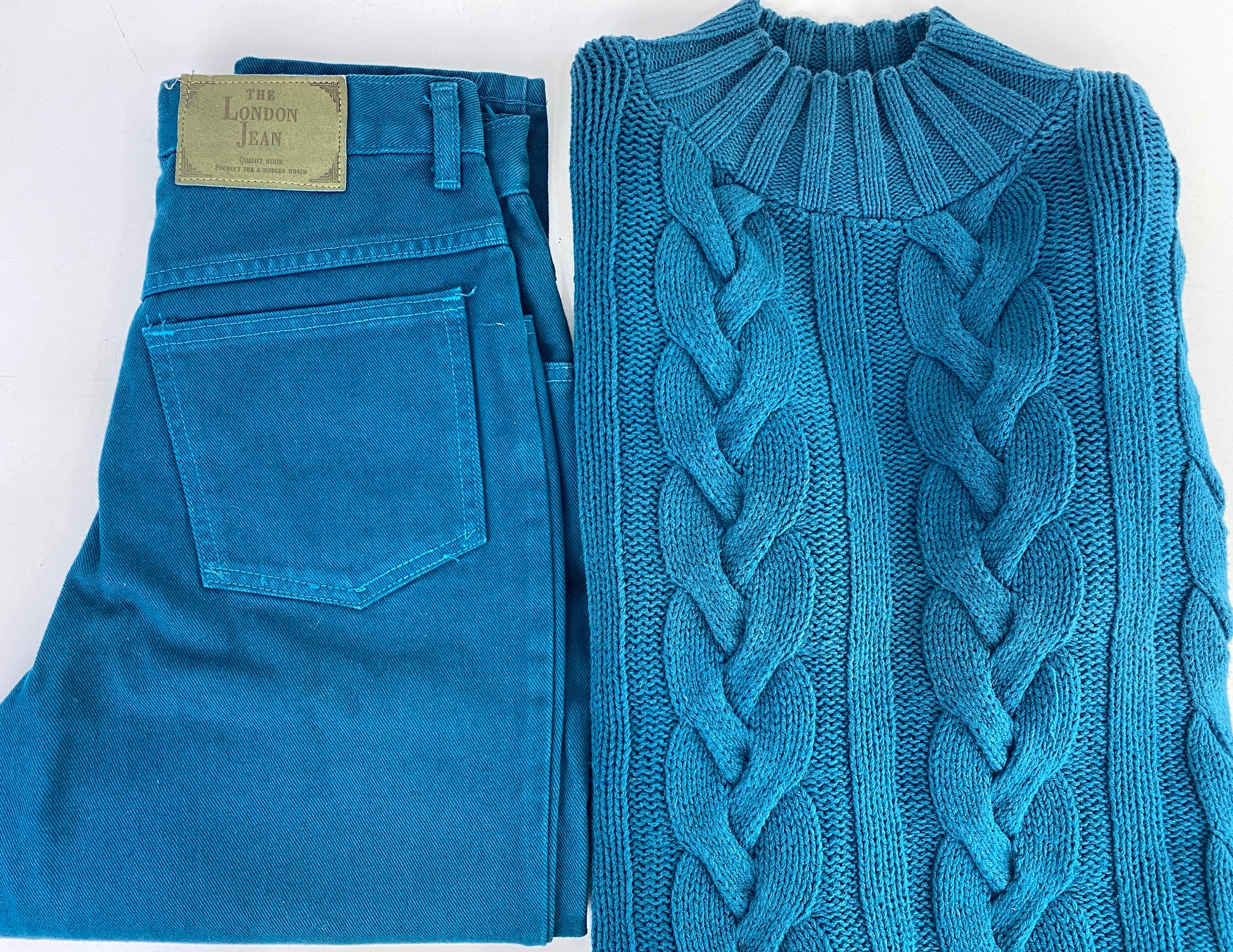 Vintage 1990s Deadstock Coloured Denim Mom Jeans and Cotton Cable Knit Sweater Set, x4 Colours Available