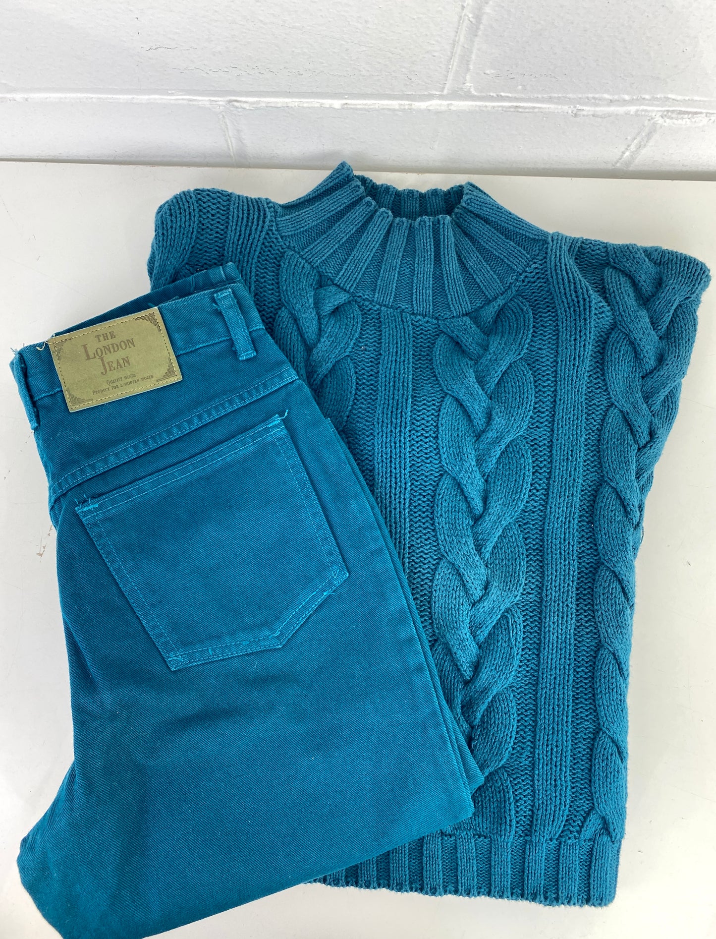 Vintage 1990s Deadstock Coloured Denim Mom Jeans and Cotton Cable Knit Sweater Set, x4 Colours Available