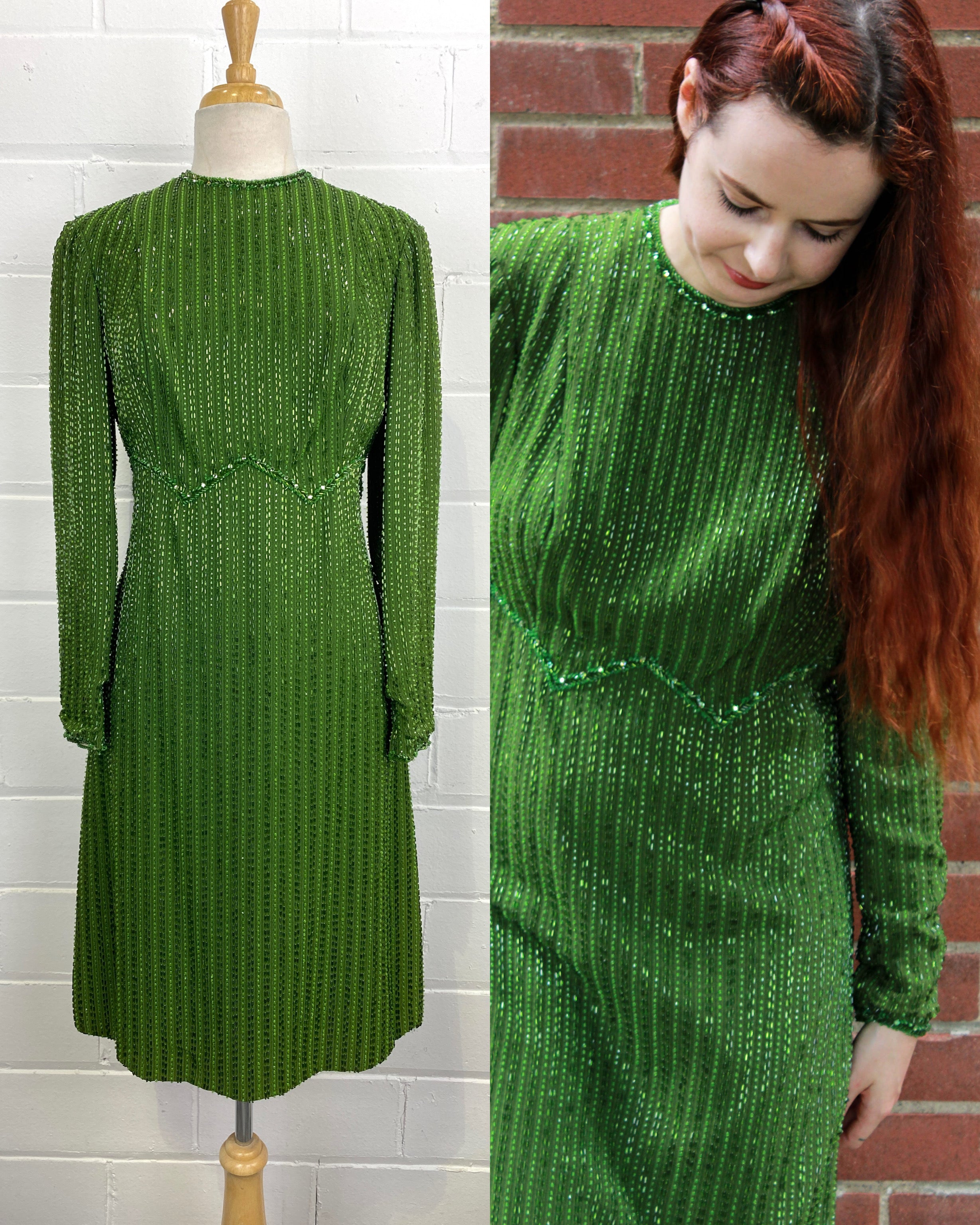 Vintage 1960s Green Fully Beaded Long Sleeve Dress Medium Ian Drummond Vintage