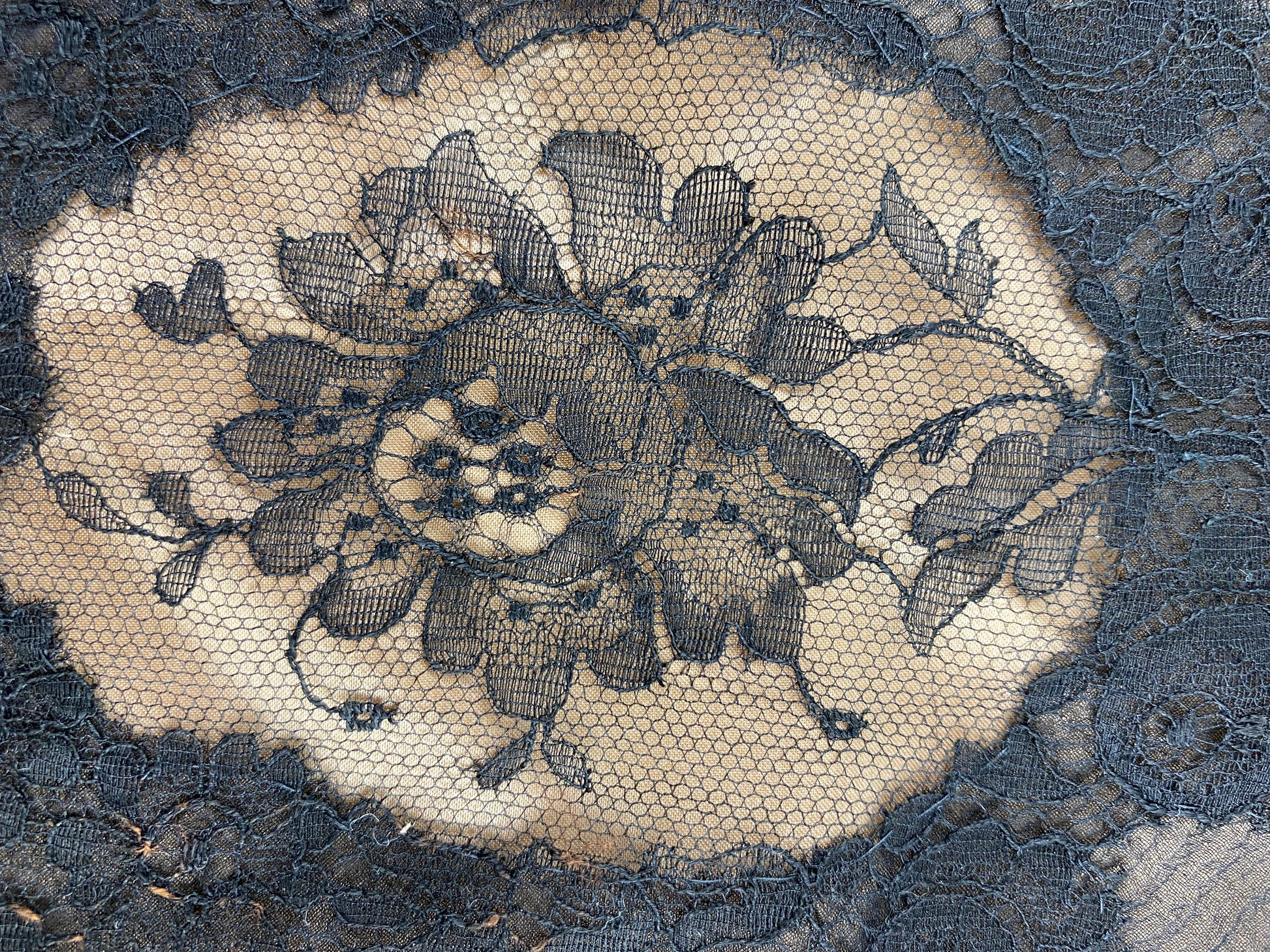 Antique Black Silk Chiffon & Lace Mourning Handkerchief