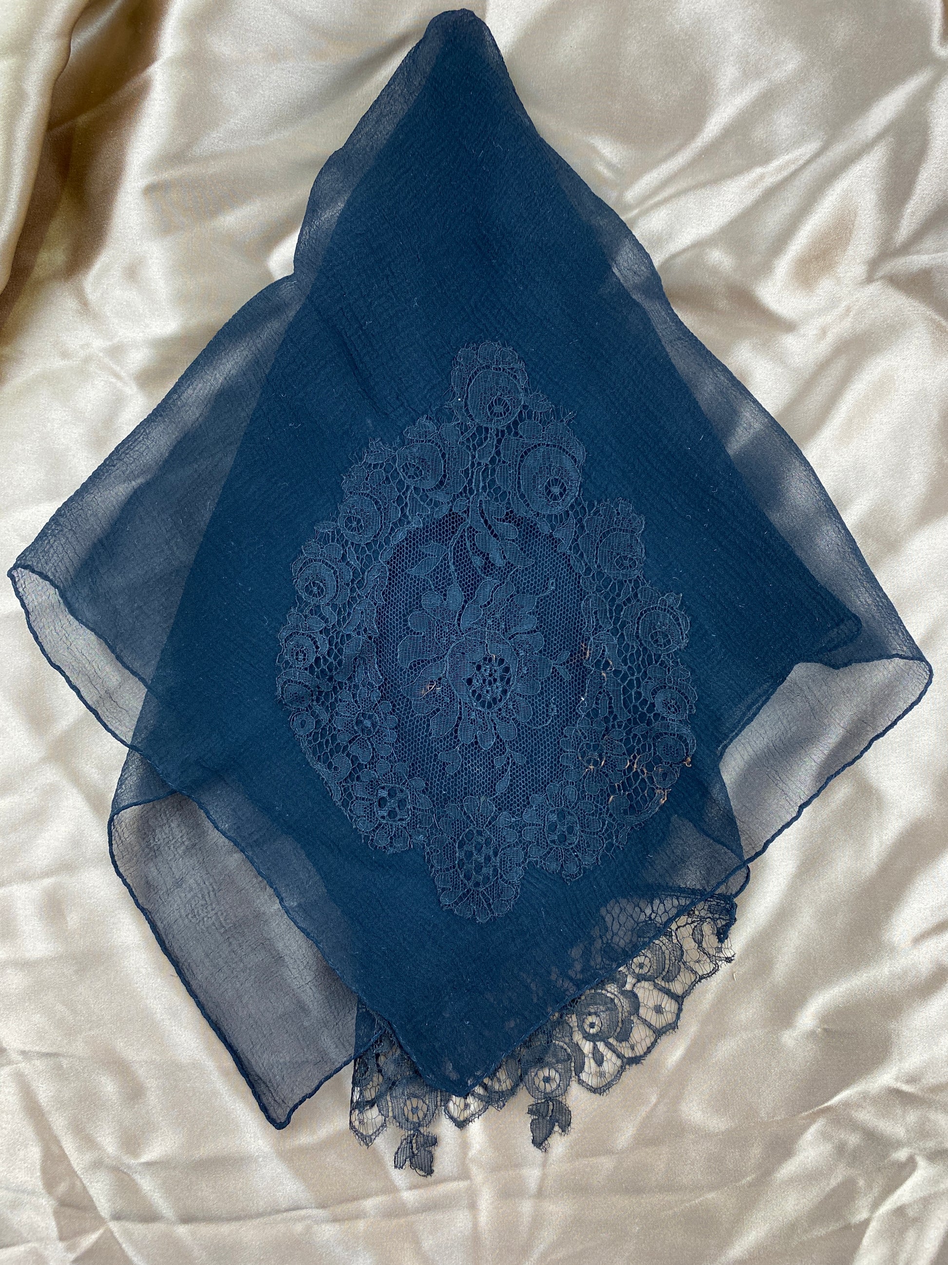Antique Black Silk Chiffon & Lace Mourning Handkerchief