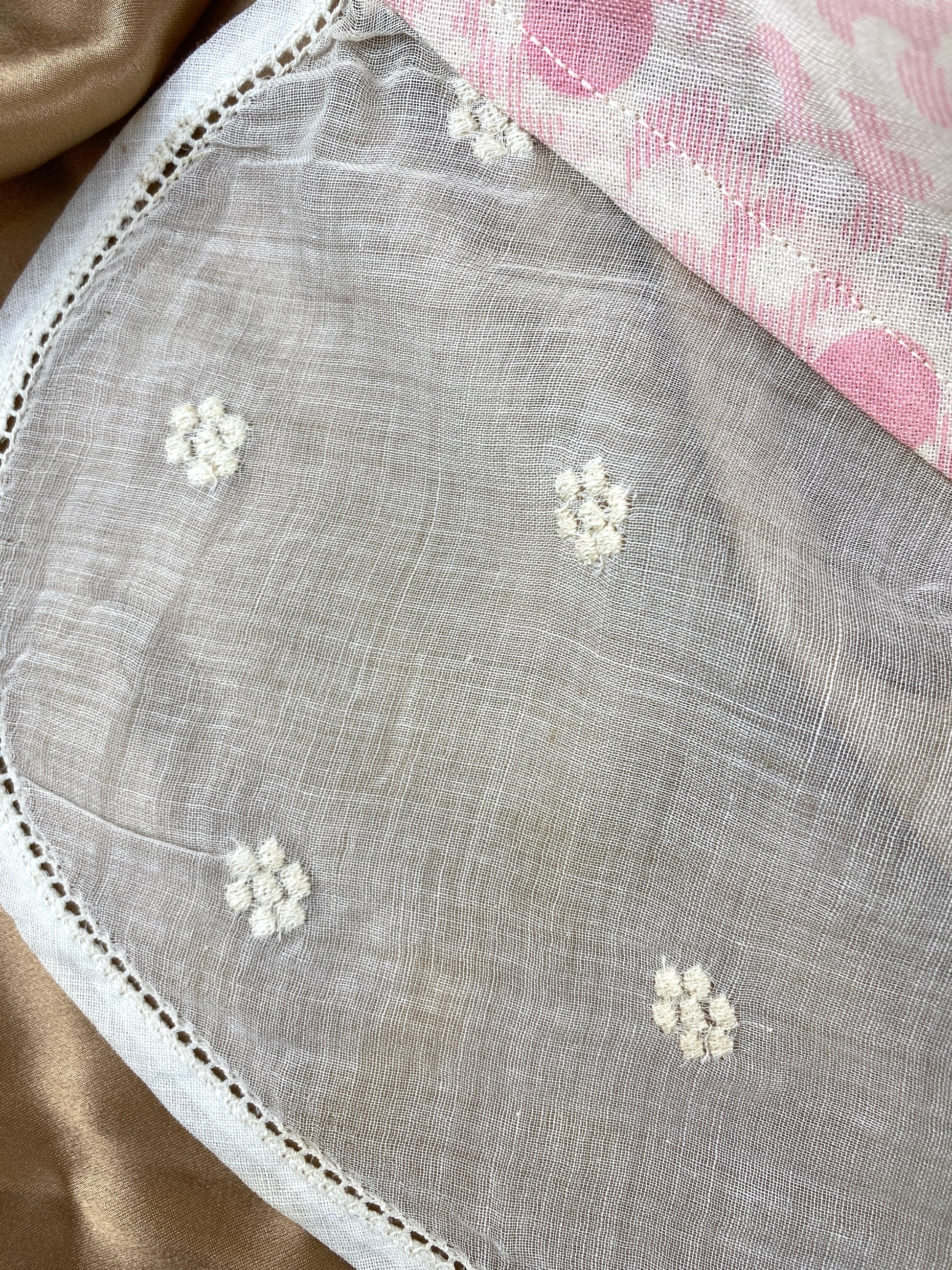 Vintage 1930s White & Pink Embroidered Voile Collar With Print