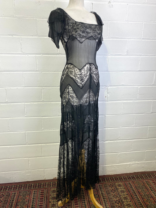 Vintage 1930s Short Sleeve Black Floral Lace Multi-Panel Gown, XS