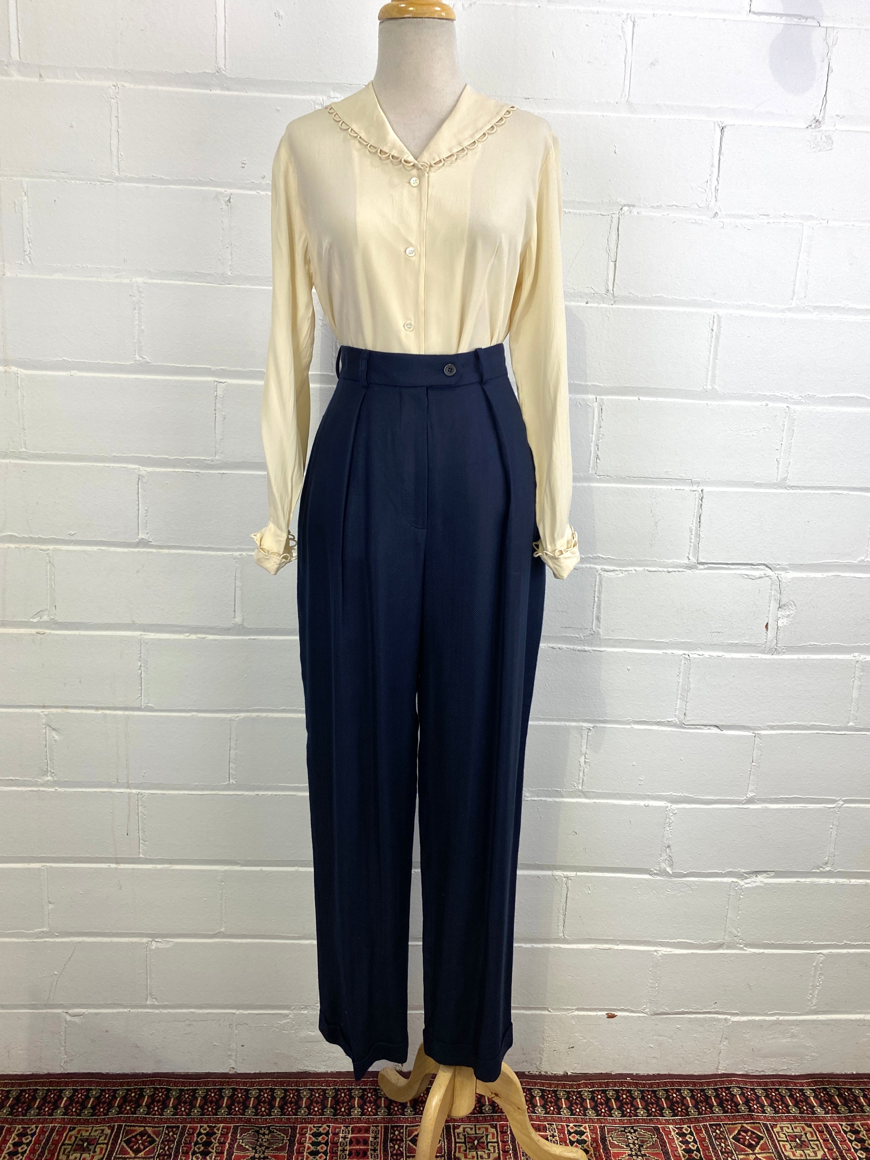 Vintage 80s/ 90s Navy Herringbone Pleated Pants, W29