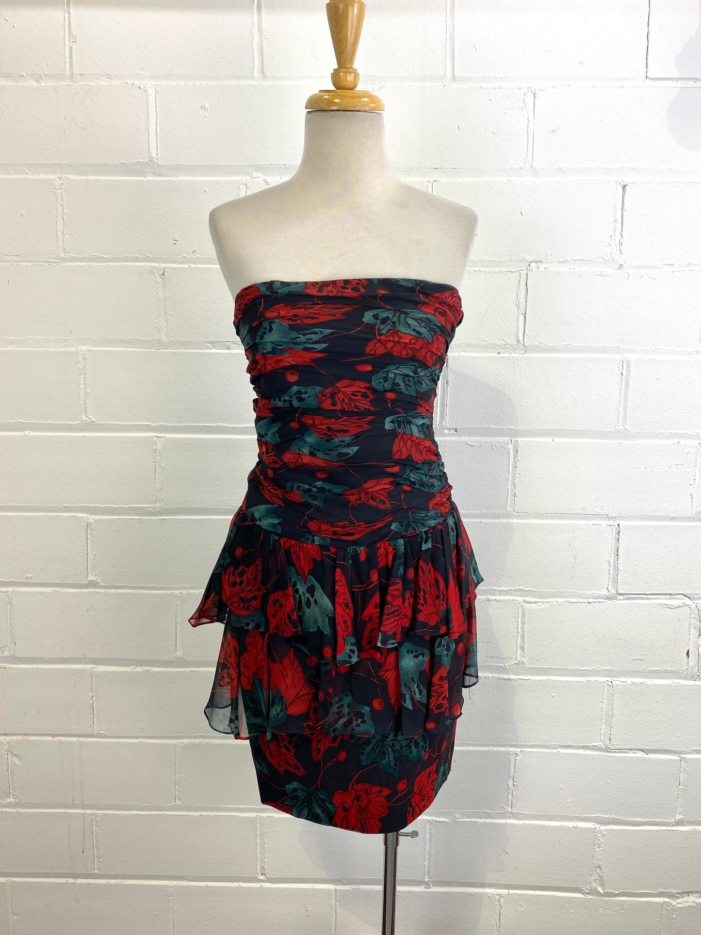 Vintage 1980s Red/ Black Leaf Print Ruched Ruffle Chiffon Mini-Dress