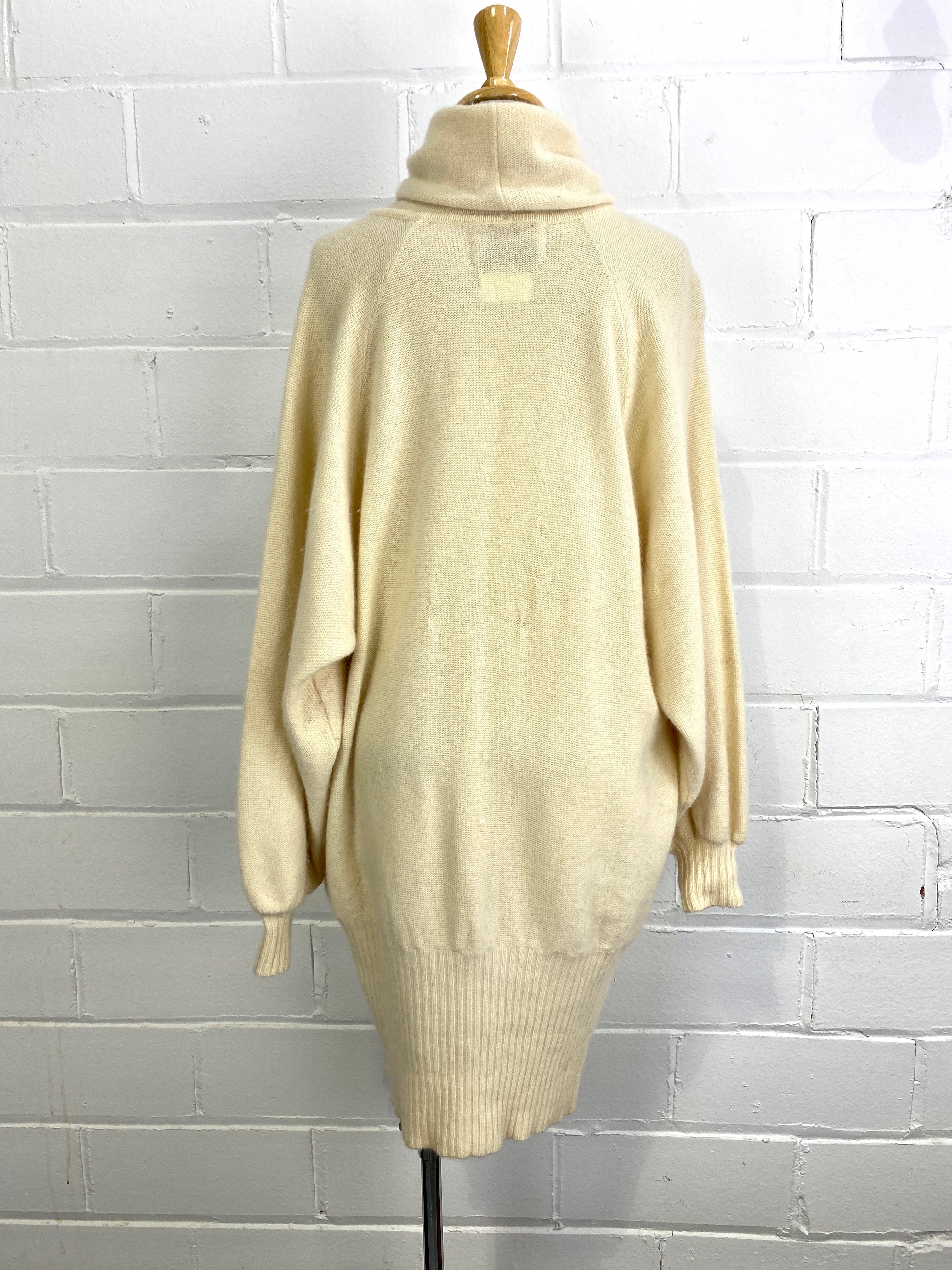 Vintage 1980s Cream Angora Knit Cowl Neck Sweater Dress, Medium