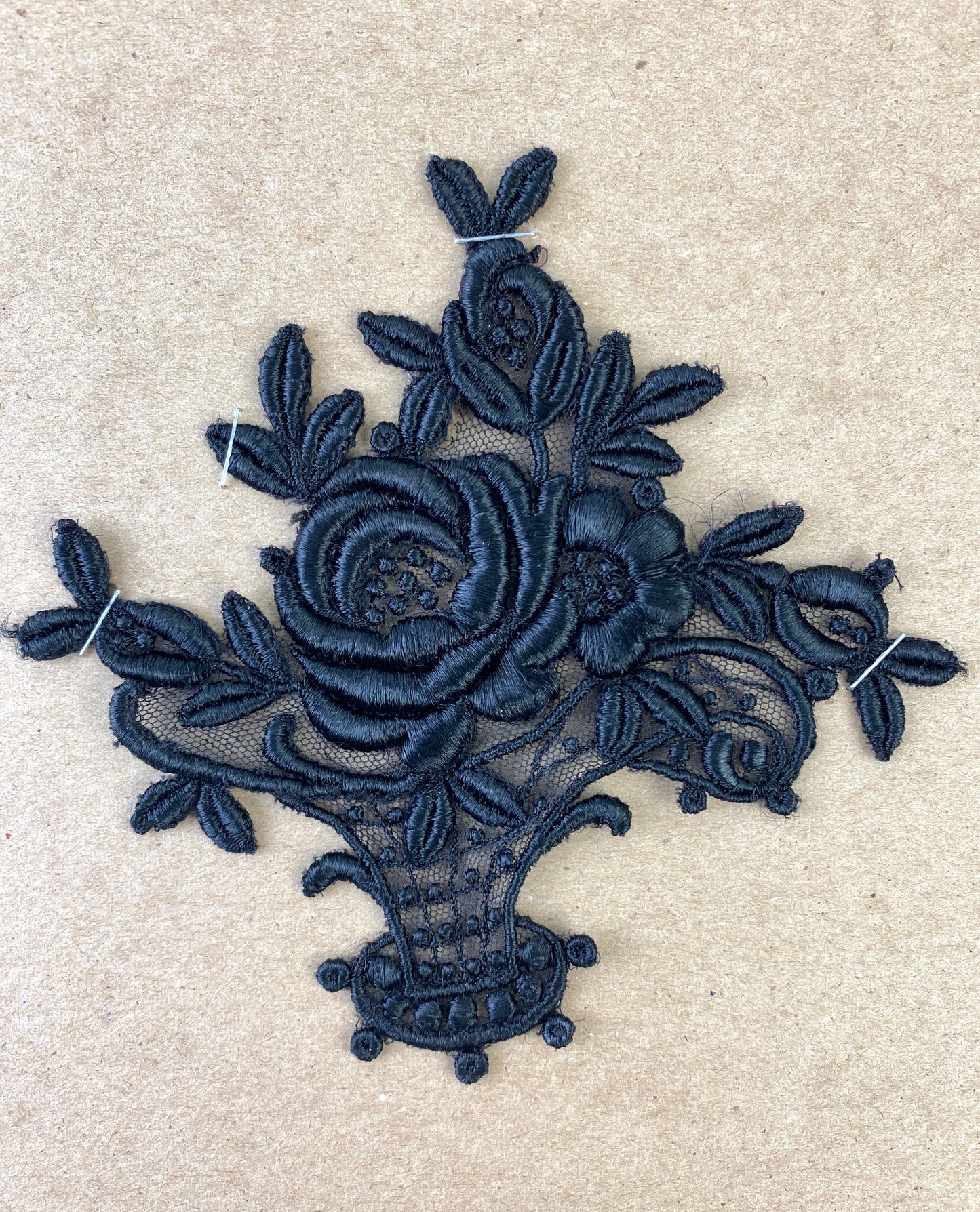 Antique Victorian Black Silk On Tulle Floral Basket Appliqué 